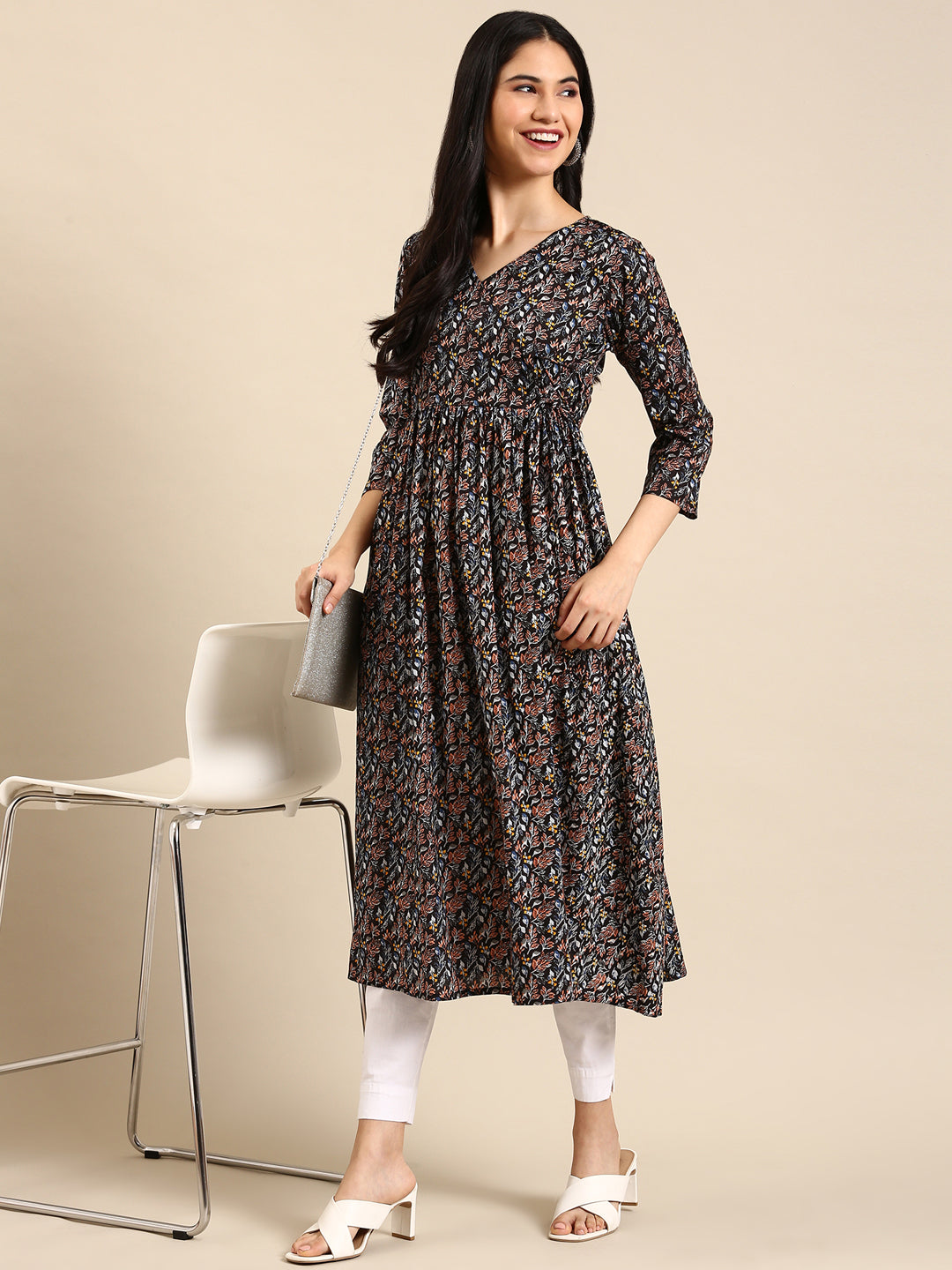 Women's Black Printed A-Line Kurta