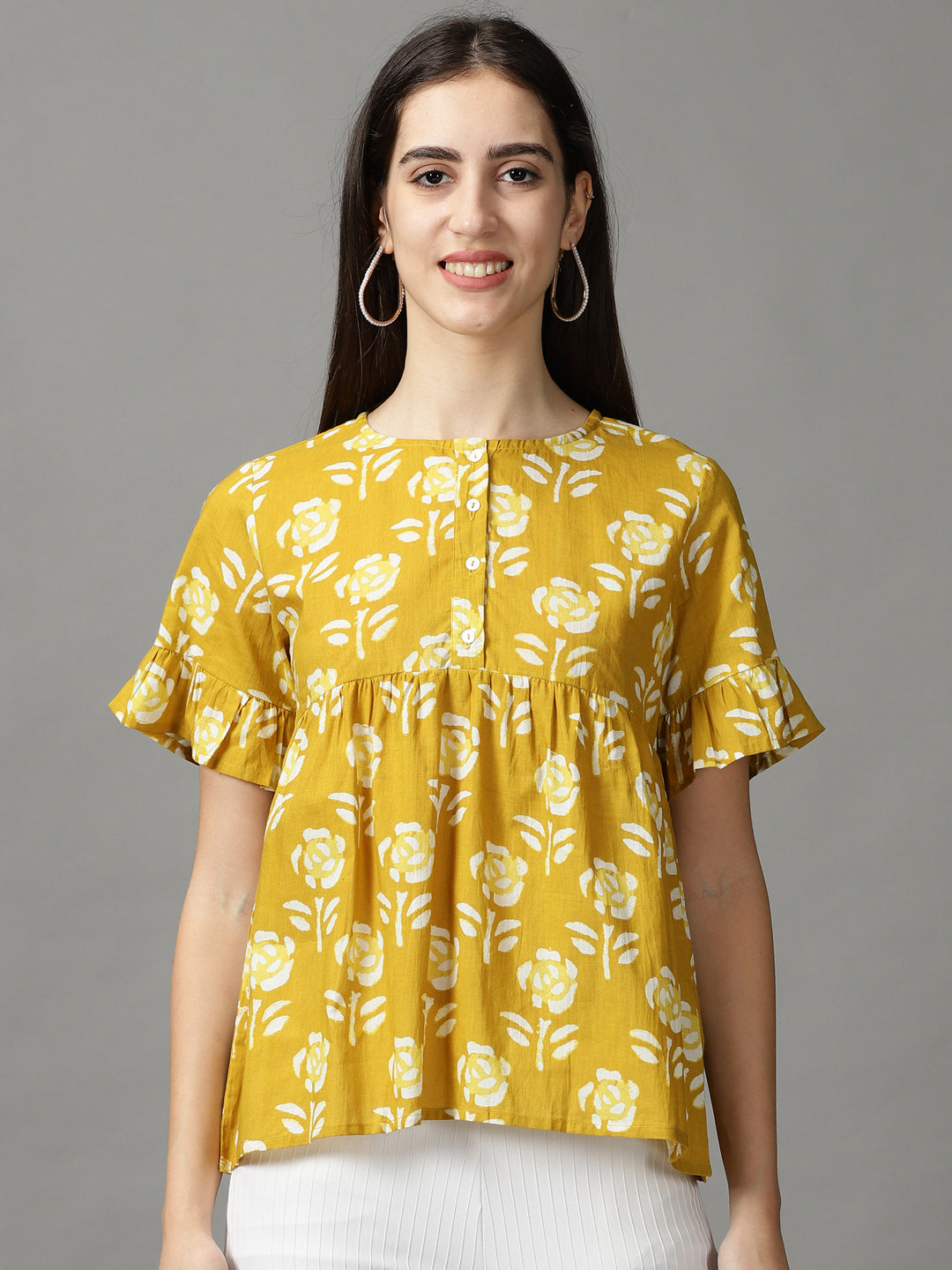 Women's Mustard Printed Peplum Top