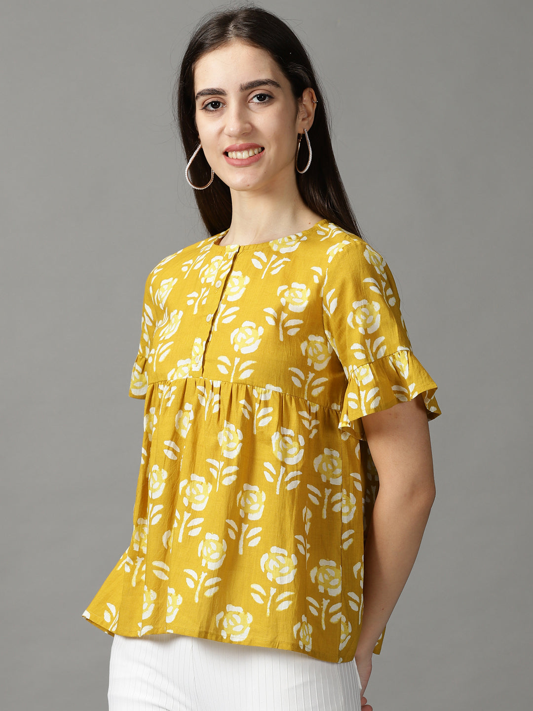 Women's Mustard Printed Peplum Top