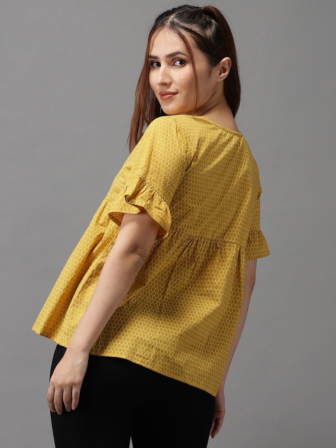 Women's Mustard Printed Peplum Top