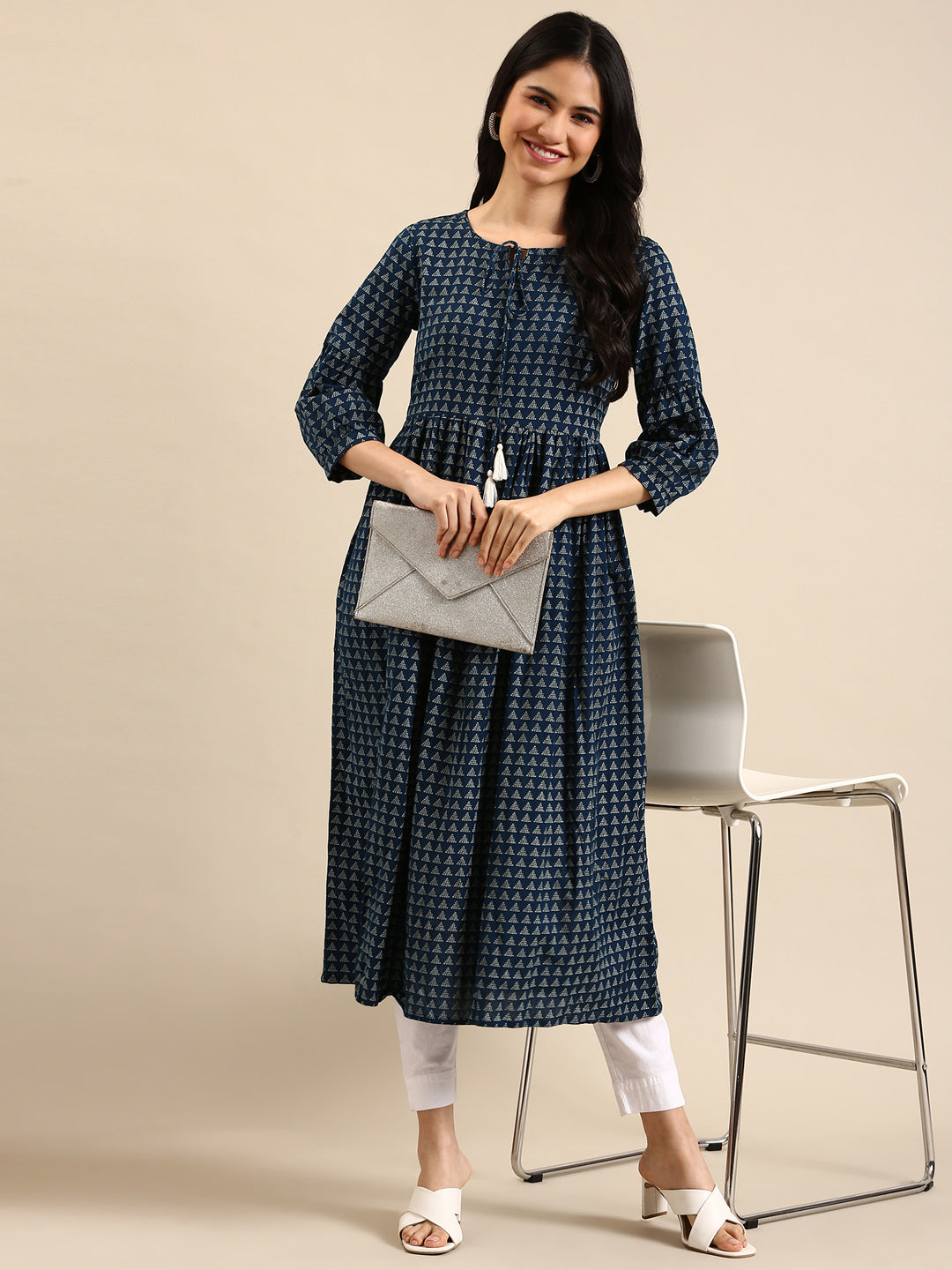 Women's Blue Printed A-Line Kurta