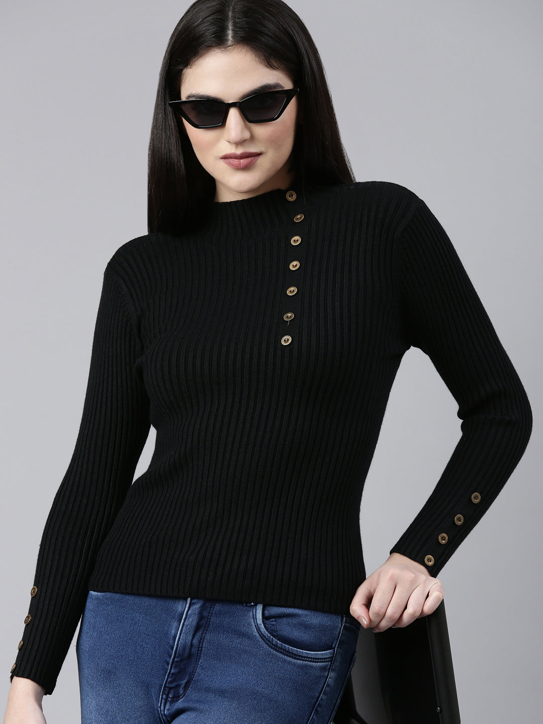 High Neck Solid Black Fitted Regular Top