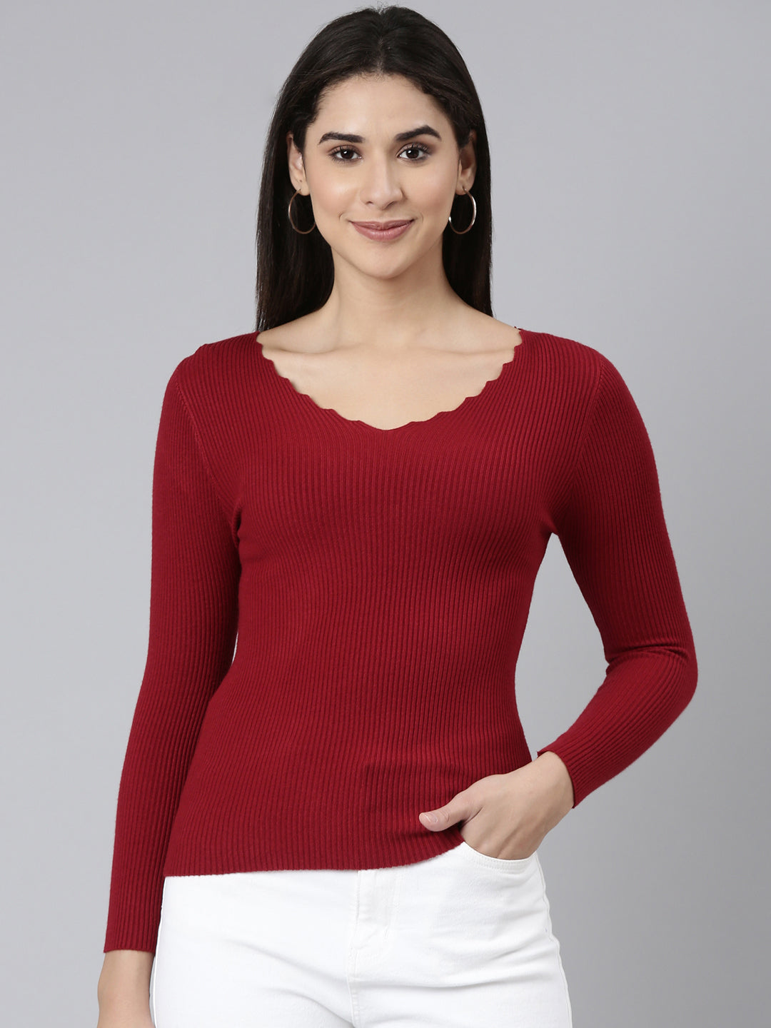 V-Neck Solid Regular Maroon Top