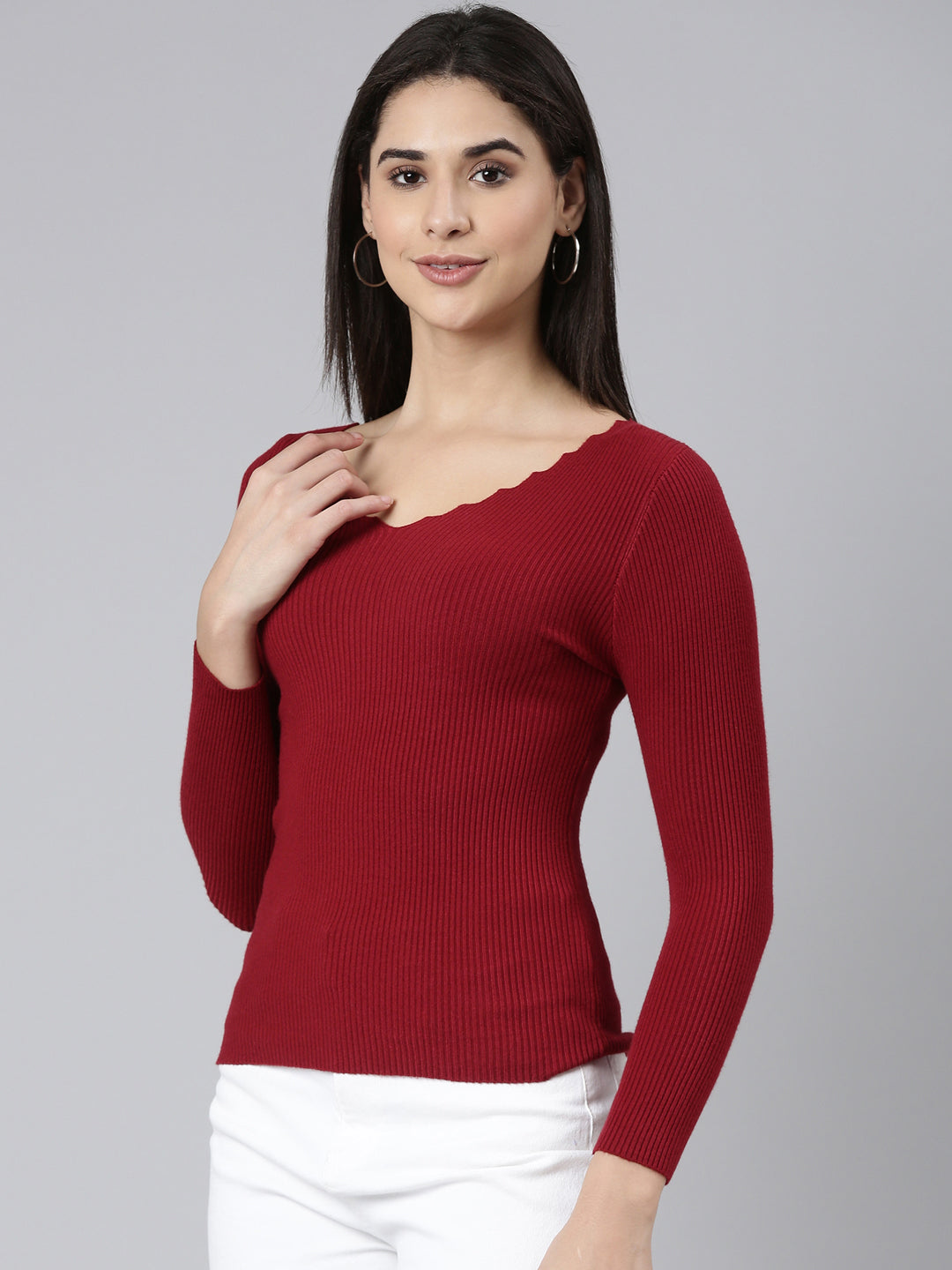 V-Neck Solid Regular Maroon Top