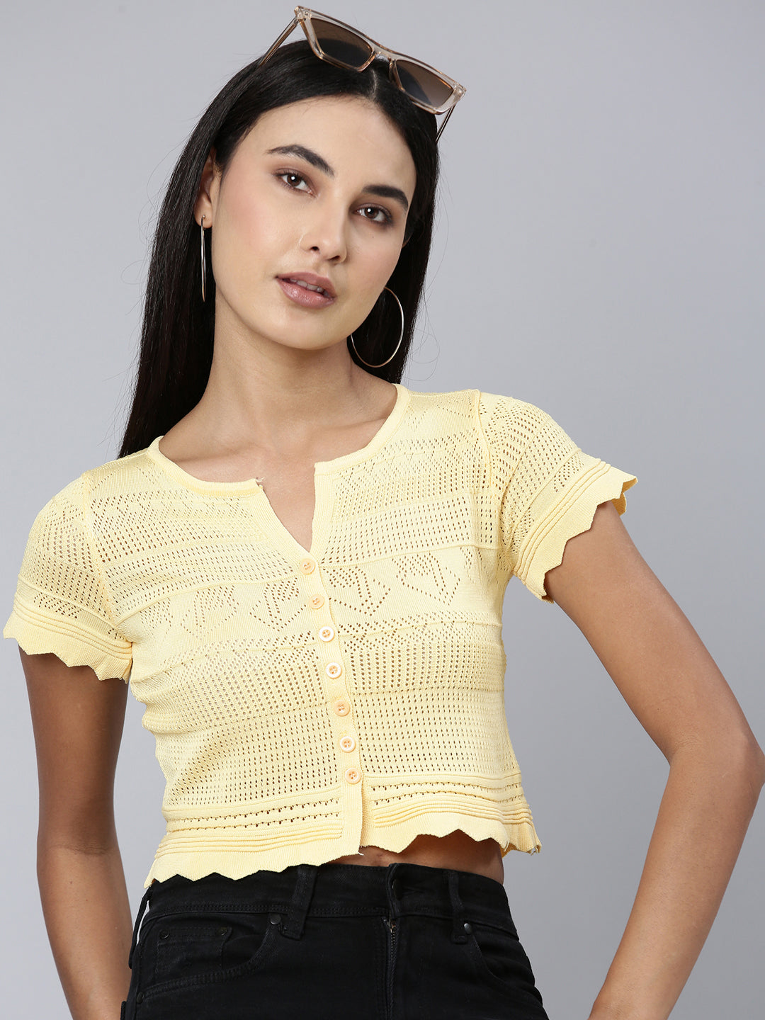 Women Yellow Textured Crop Top