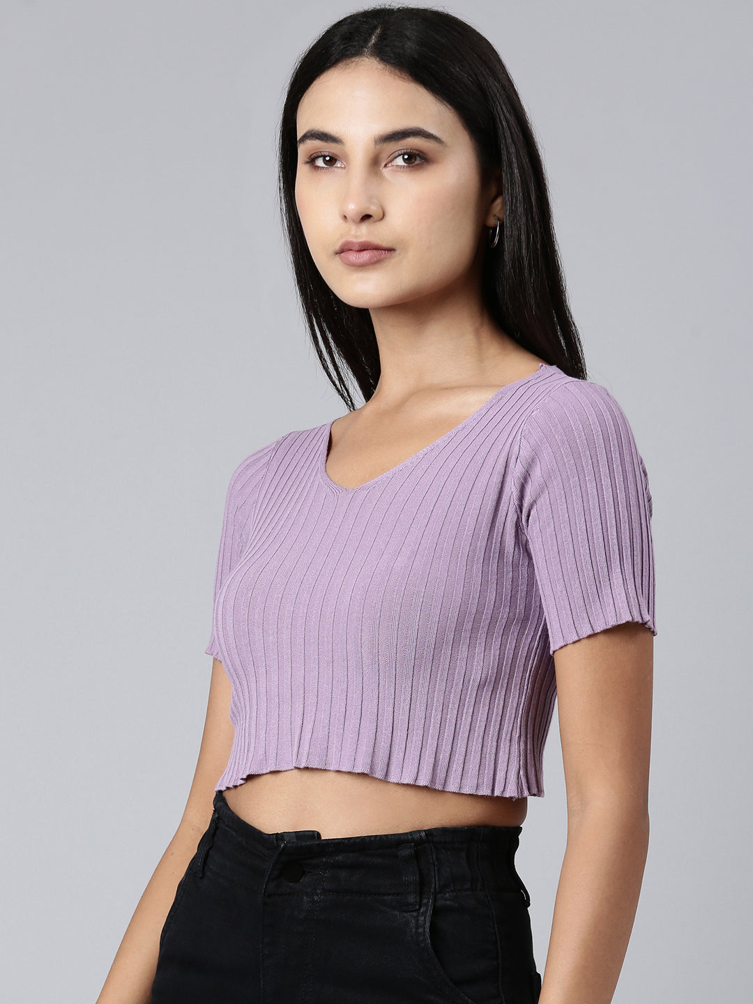 Women Lavender Solid Crop Top