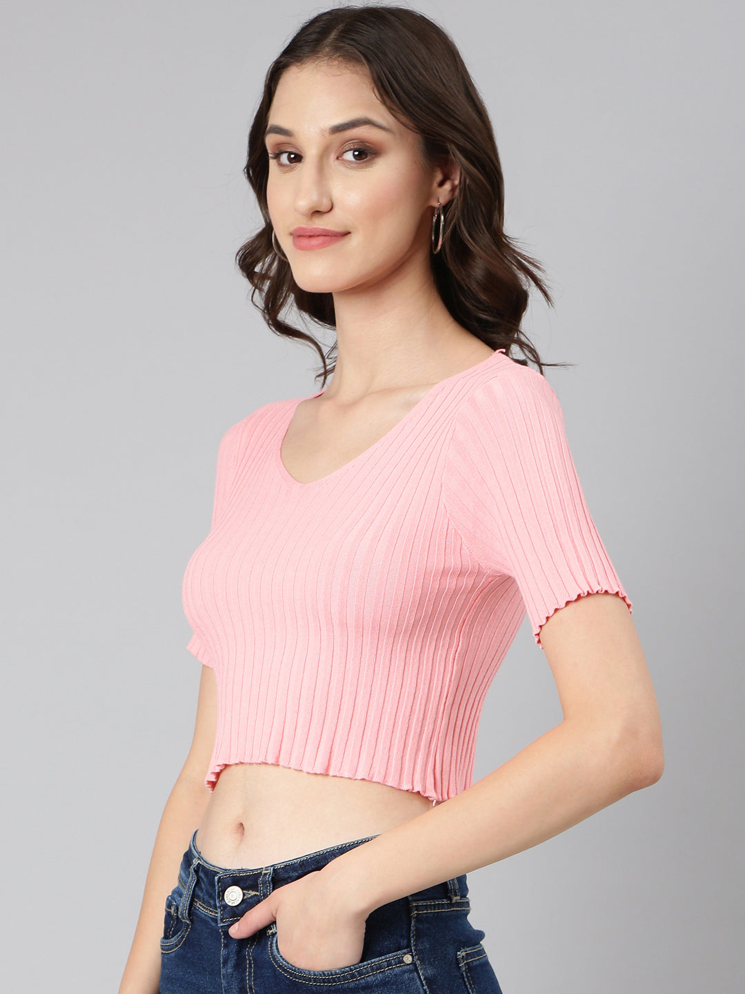 Women Pink Solid Crop Top