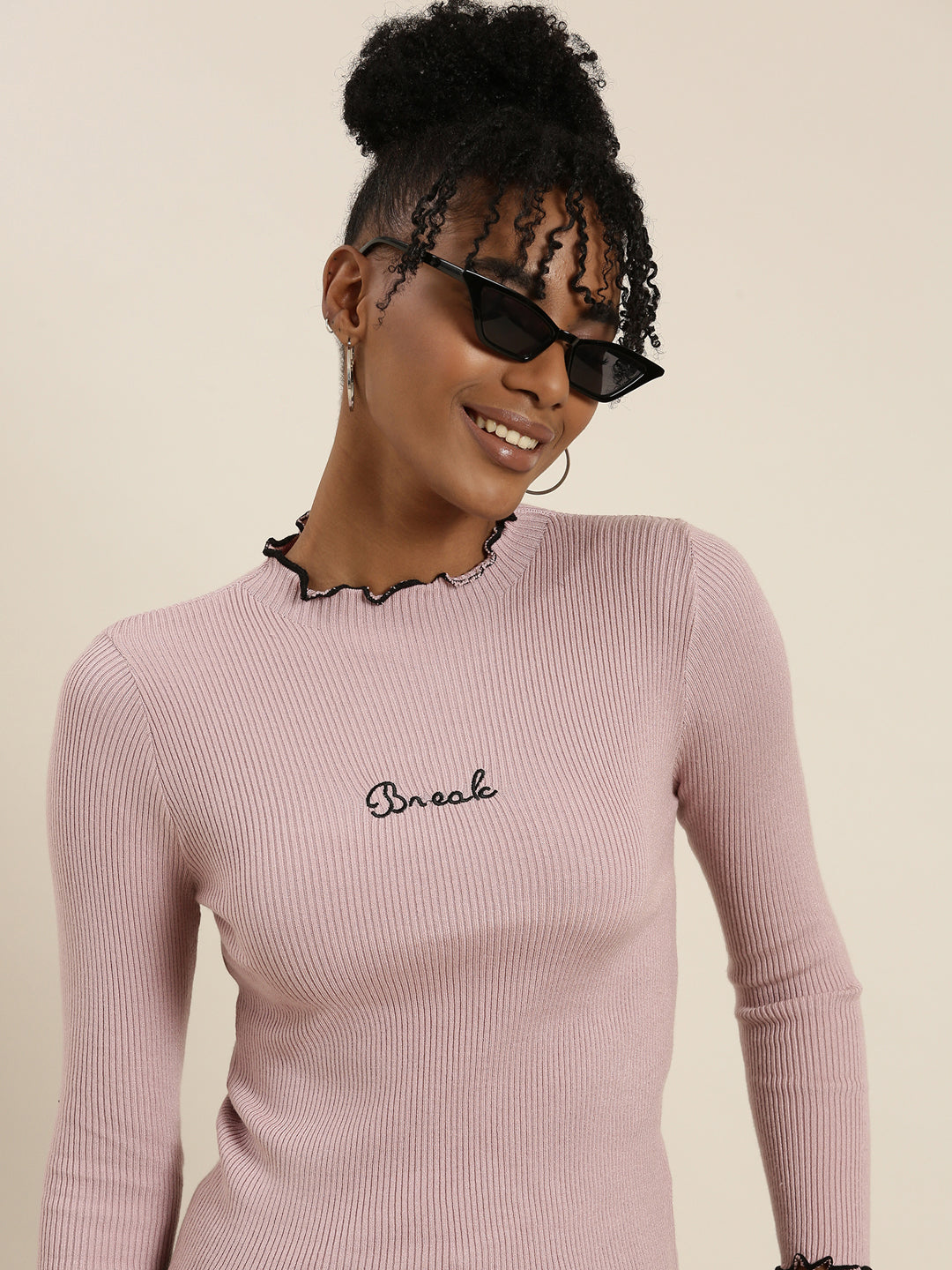High Neck Solid Regular Sleeves Fitted Mauve Top