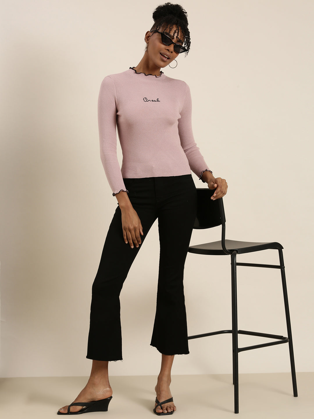 High Neck Solid Regular Sleeves Fitted Mauve Top