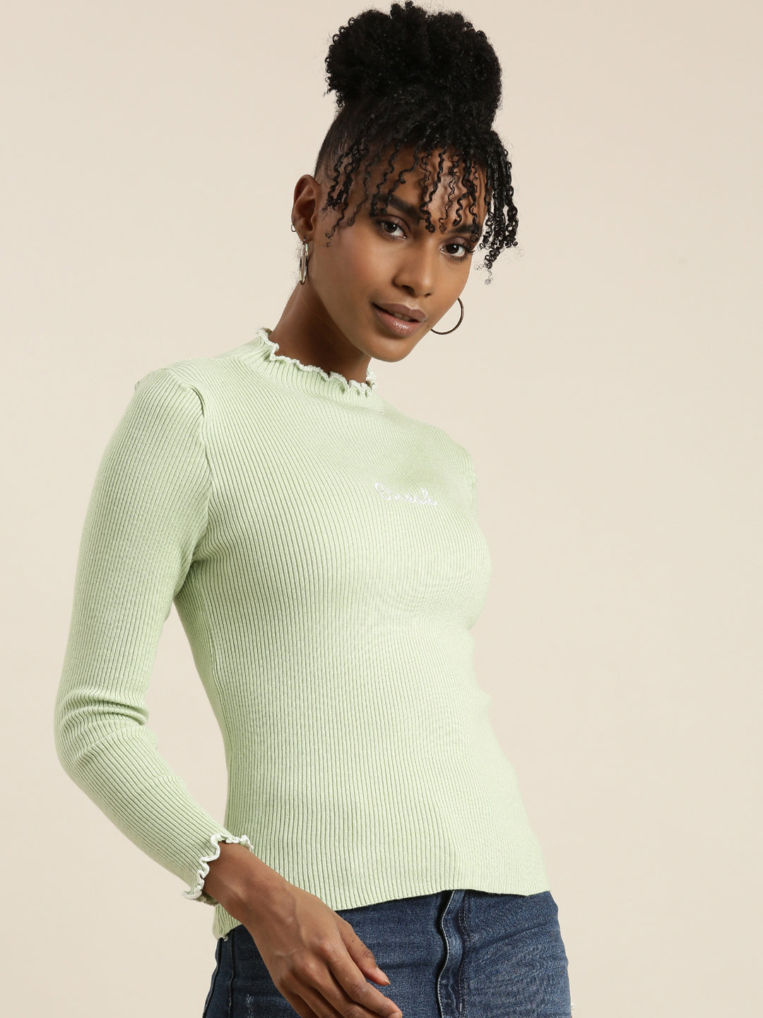 High Neck Solid Regular Sleeves Fitted Sea Green Top