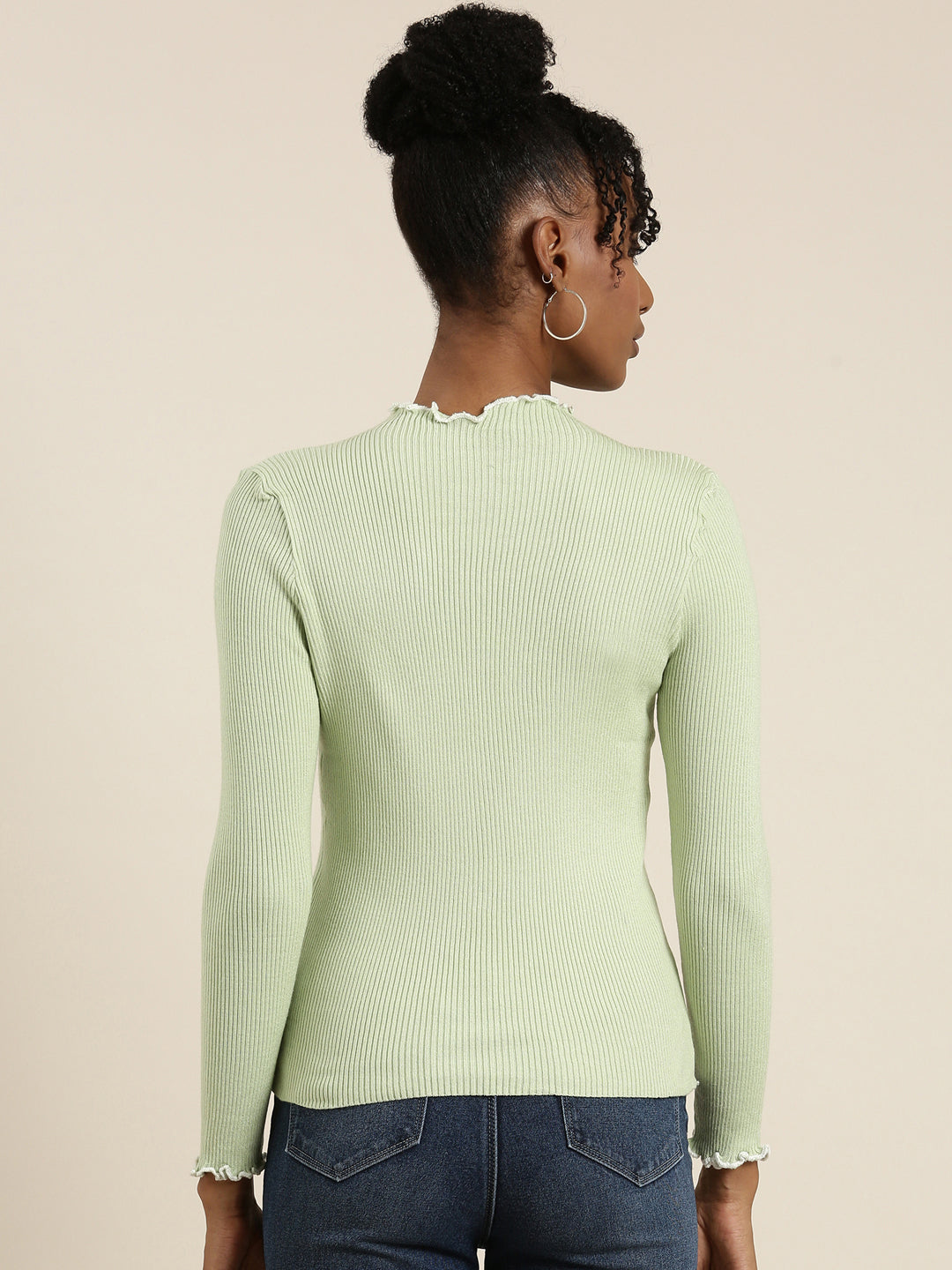 High Neck Solid Regular Sleeves Fitted Sea Green Top