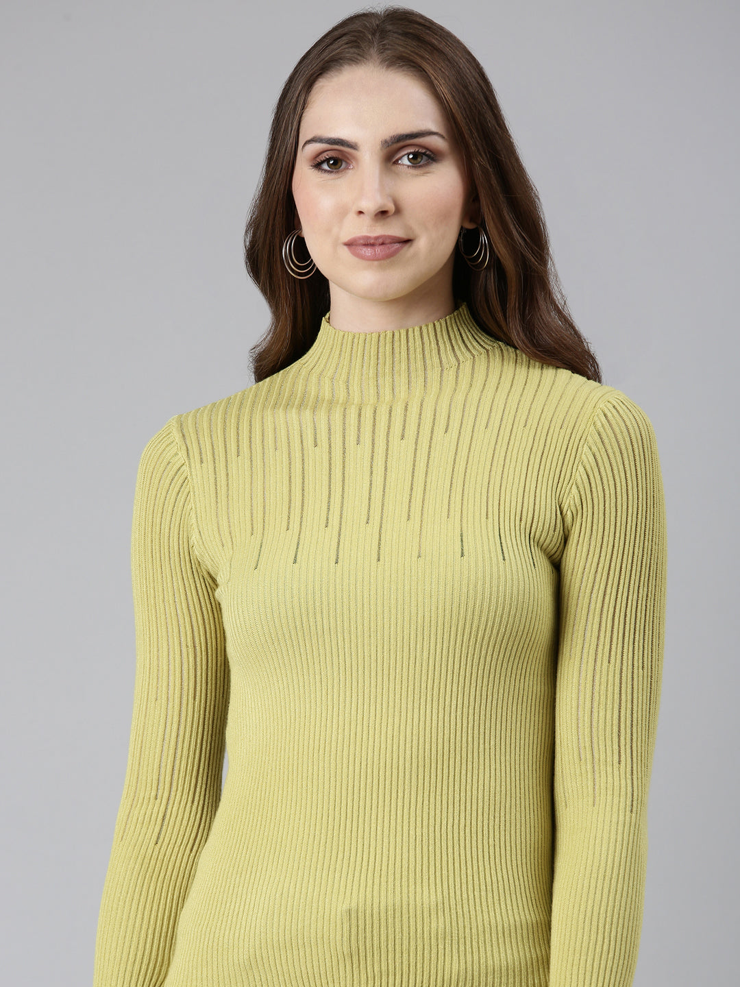 High Neck Solid Regular Sleeves Fitted Olive Top