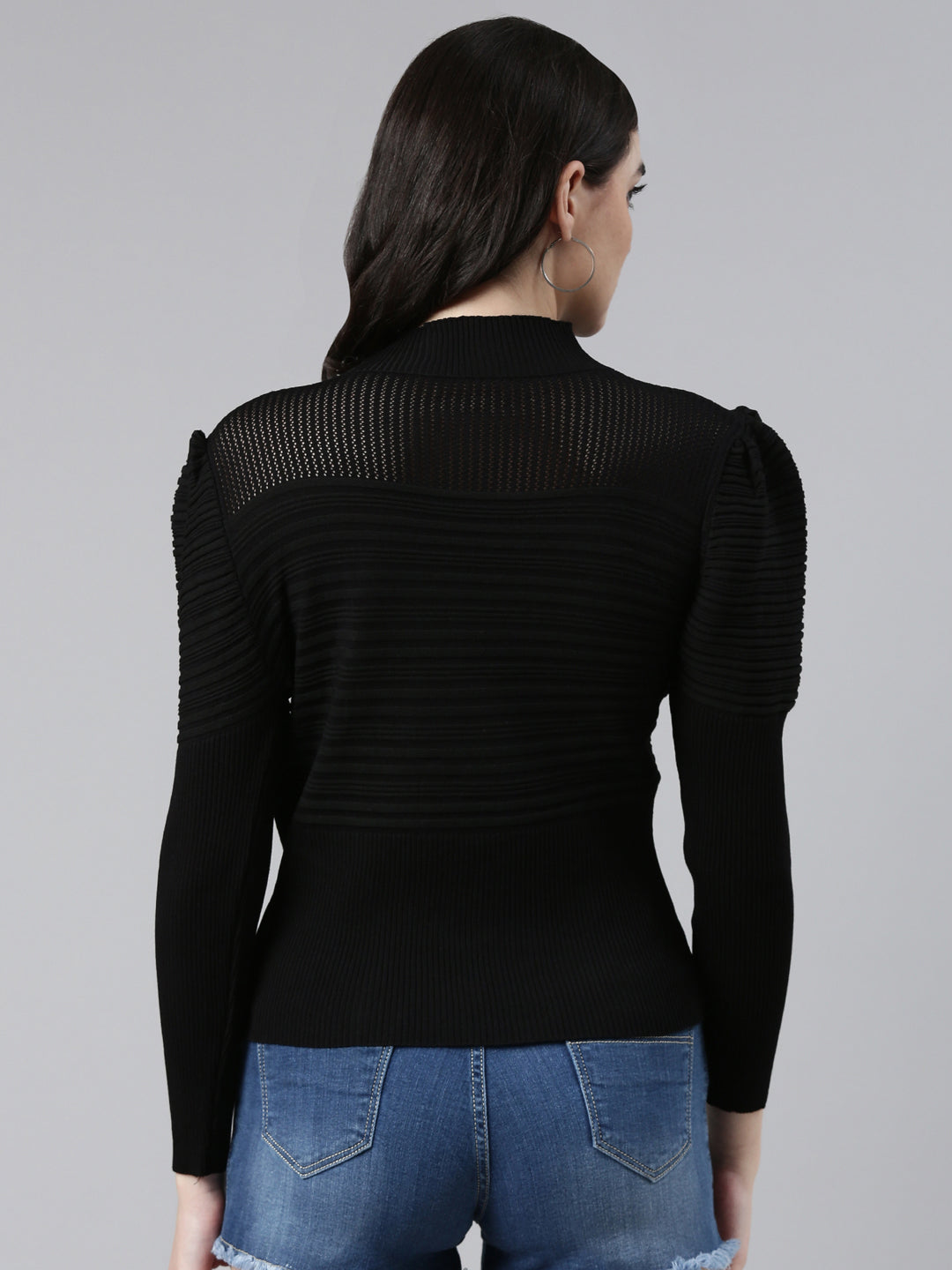 High Neck Self Design Puff Sleeves Fitted Black Top