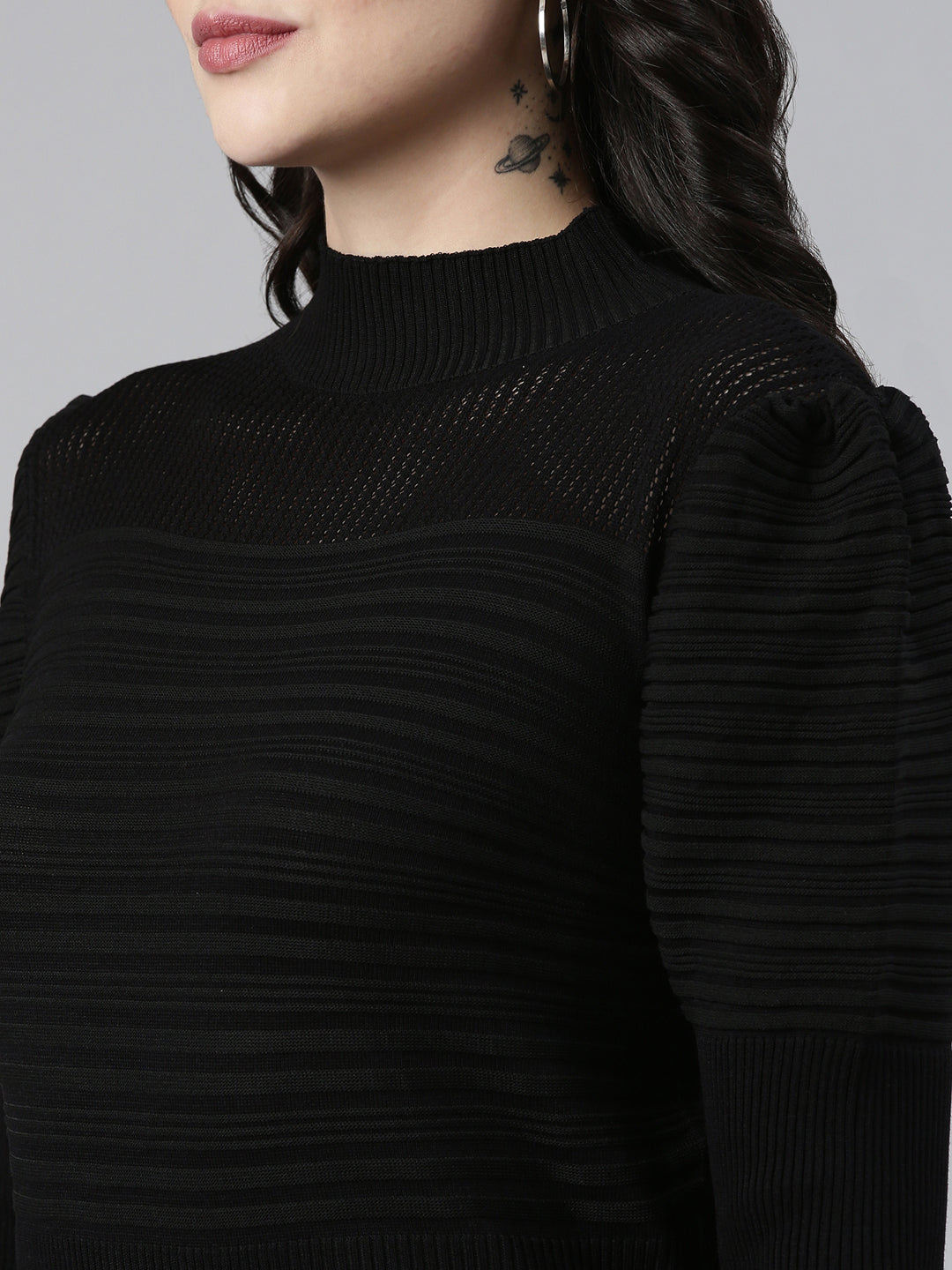 High Neck Self Design Puff Sleeves Fitted Black Top