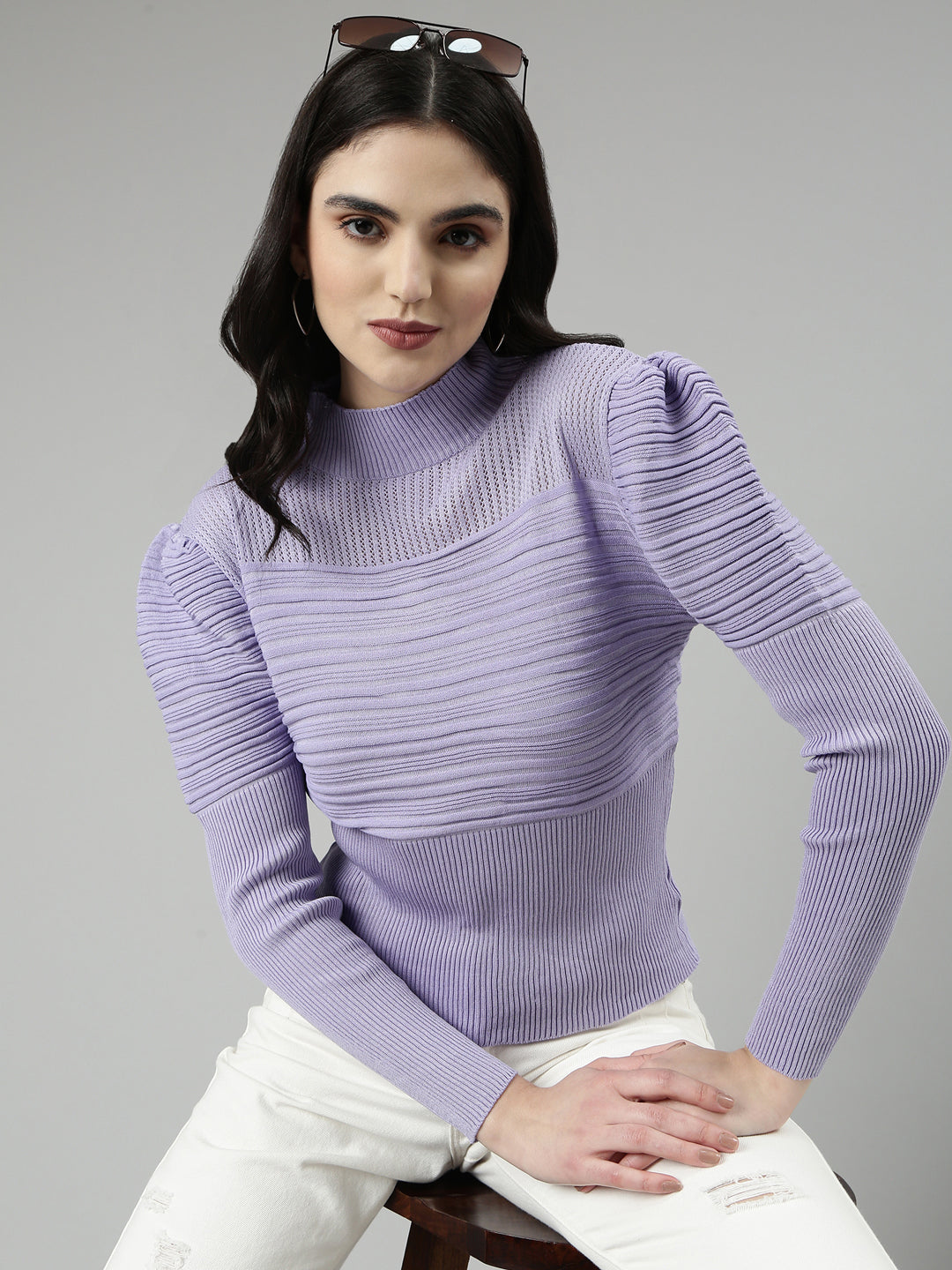 High Neck Self Design Puff Sleeves Fitted Lavender Top