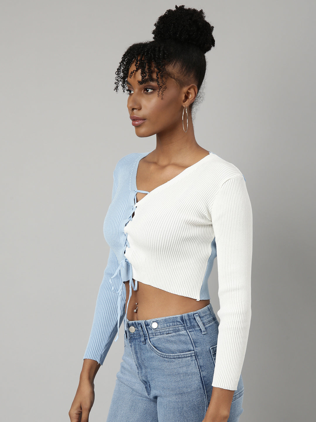 Women Blue Colourblocked Fitted Crop Top