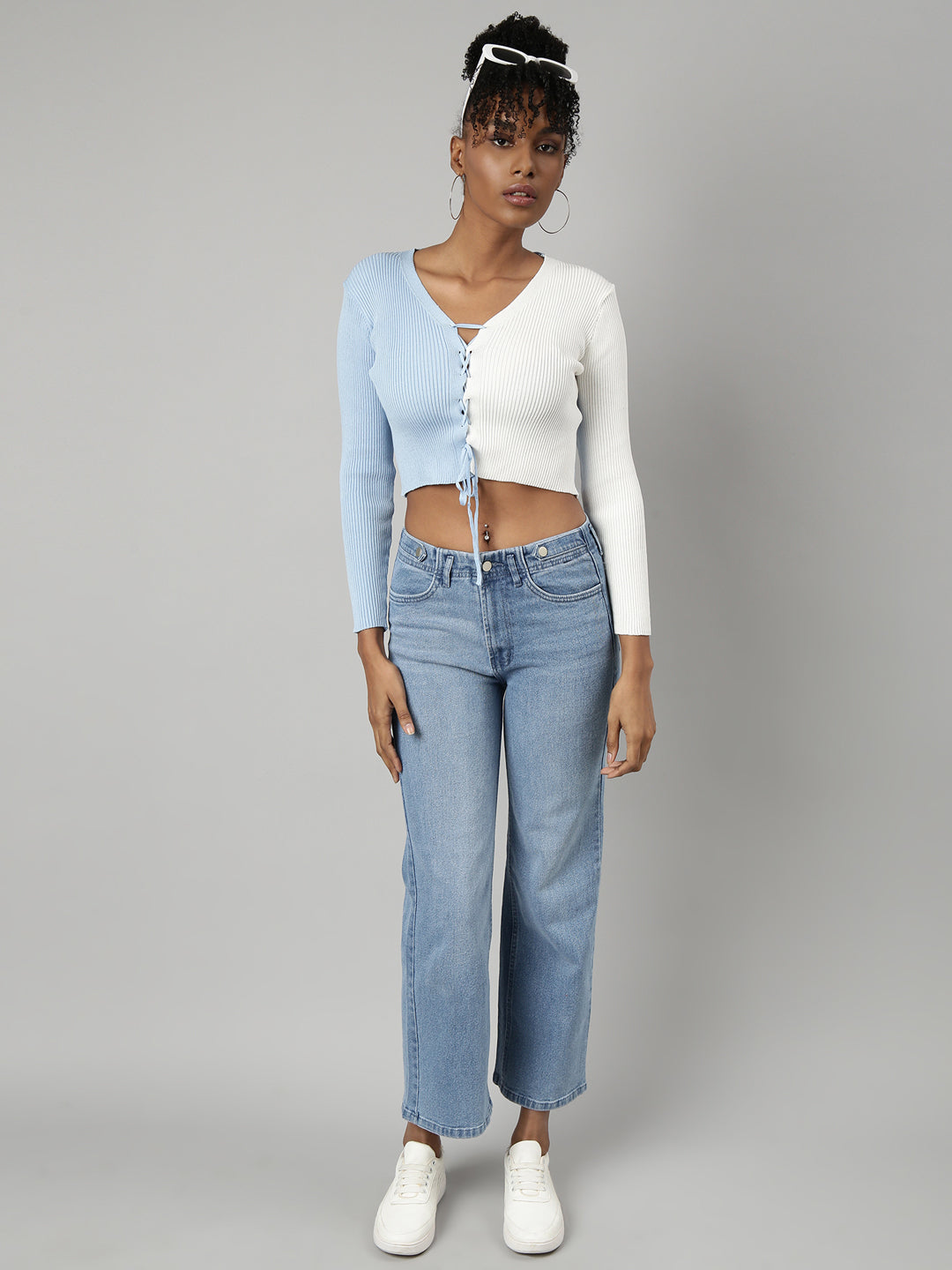 Women Blue Colourblocked Fitted Crop Top