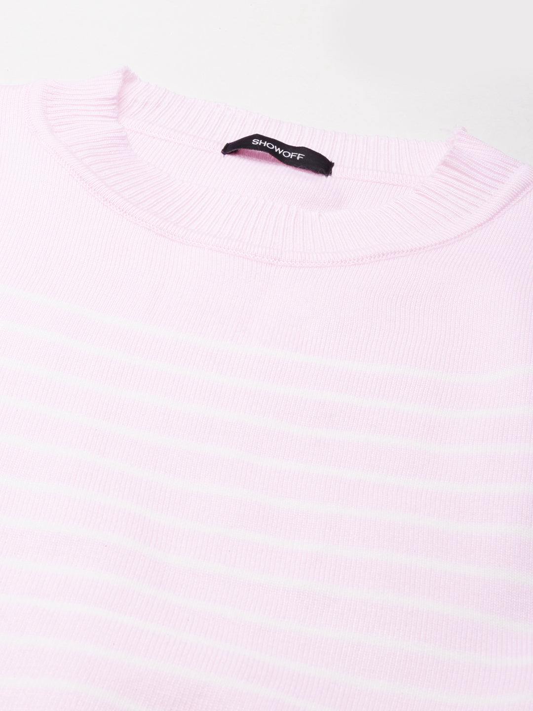 Round Neck Striped Regular Pink Top