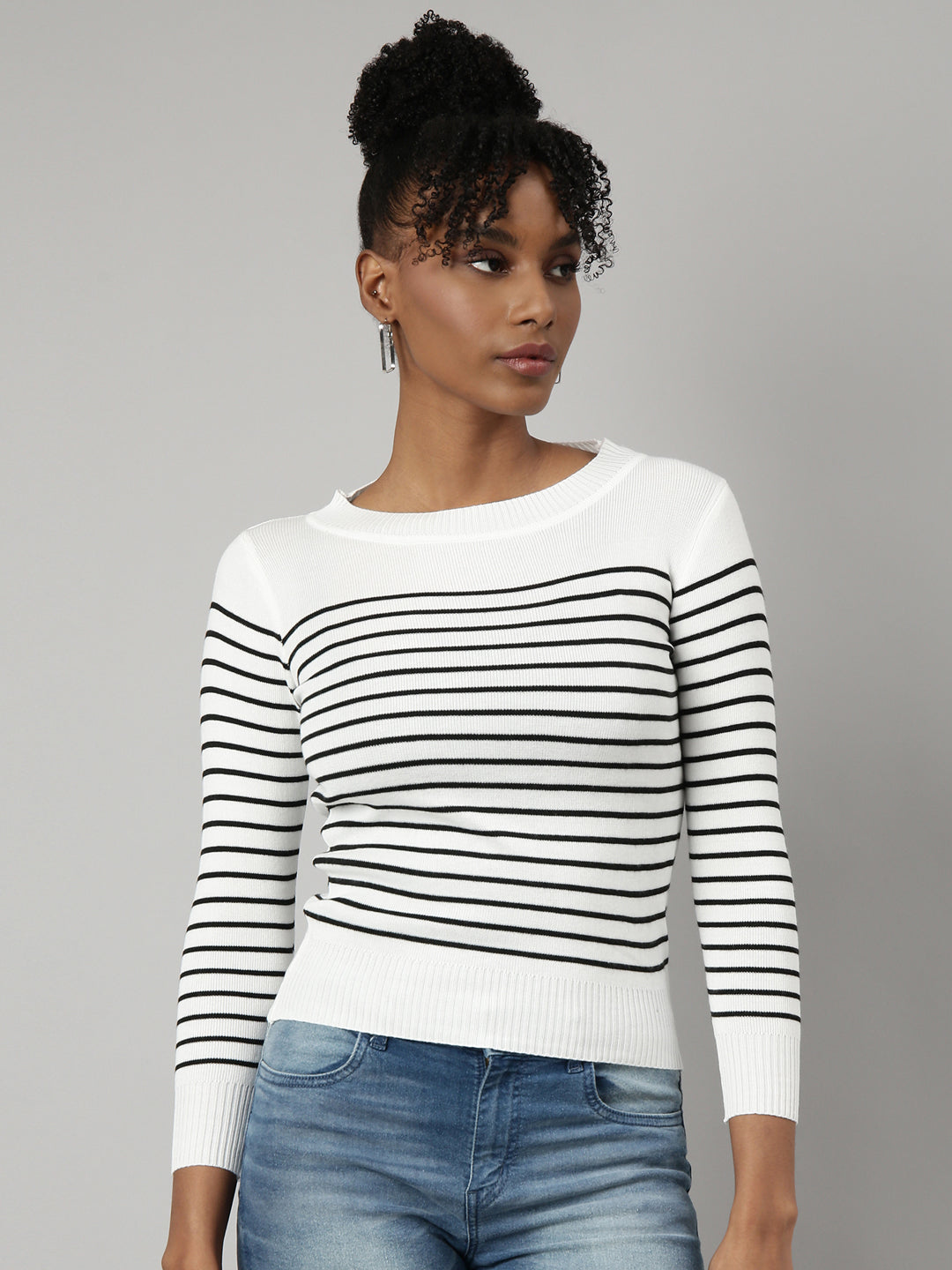 Women White Horizontal Stripes Fitted Top