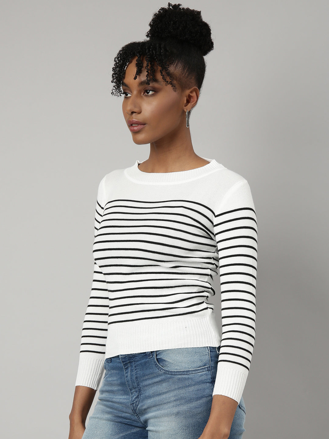 Women White Horizontal Stripes Fitted Top