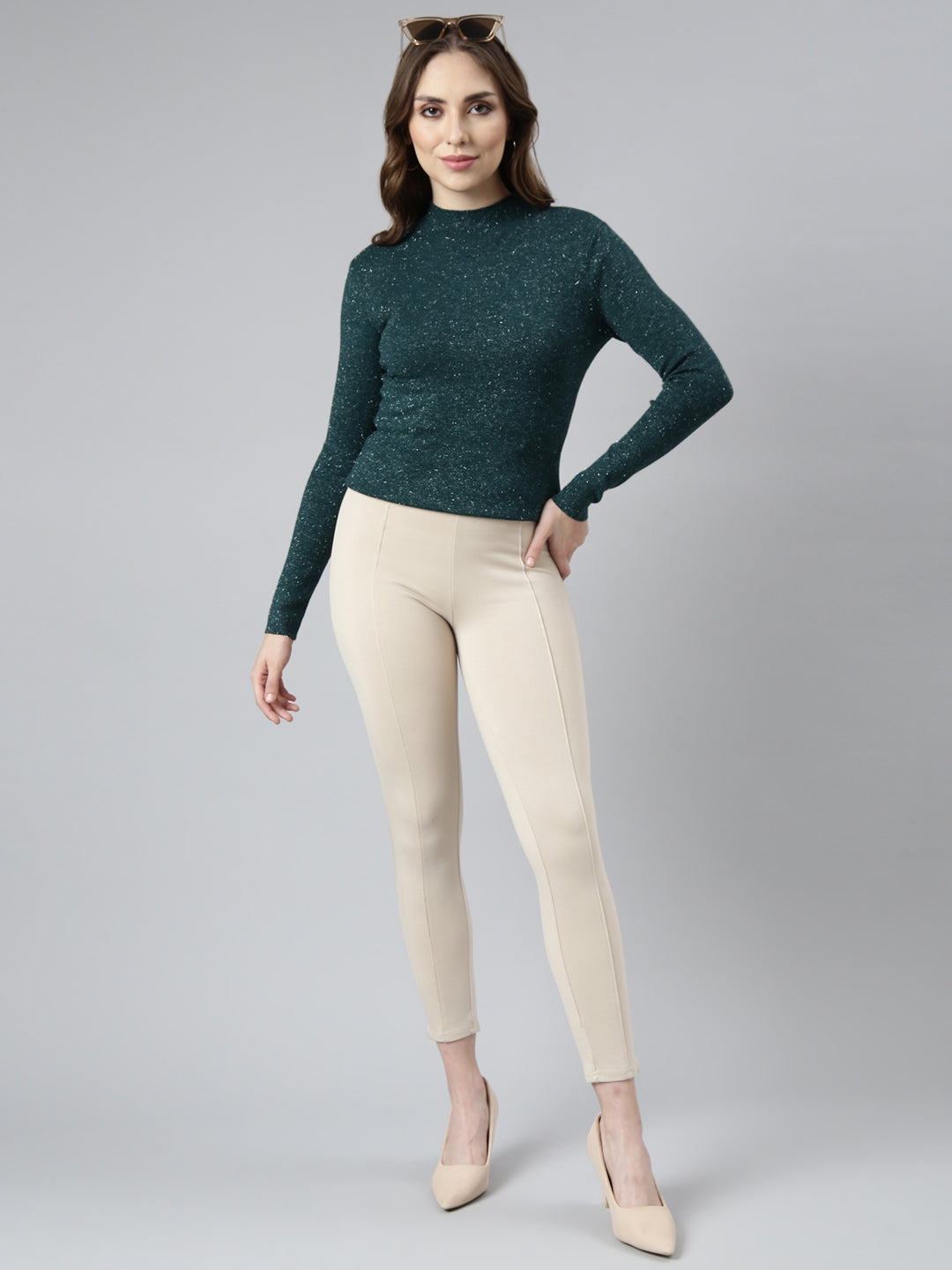 Women Green Solid Fitted Top