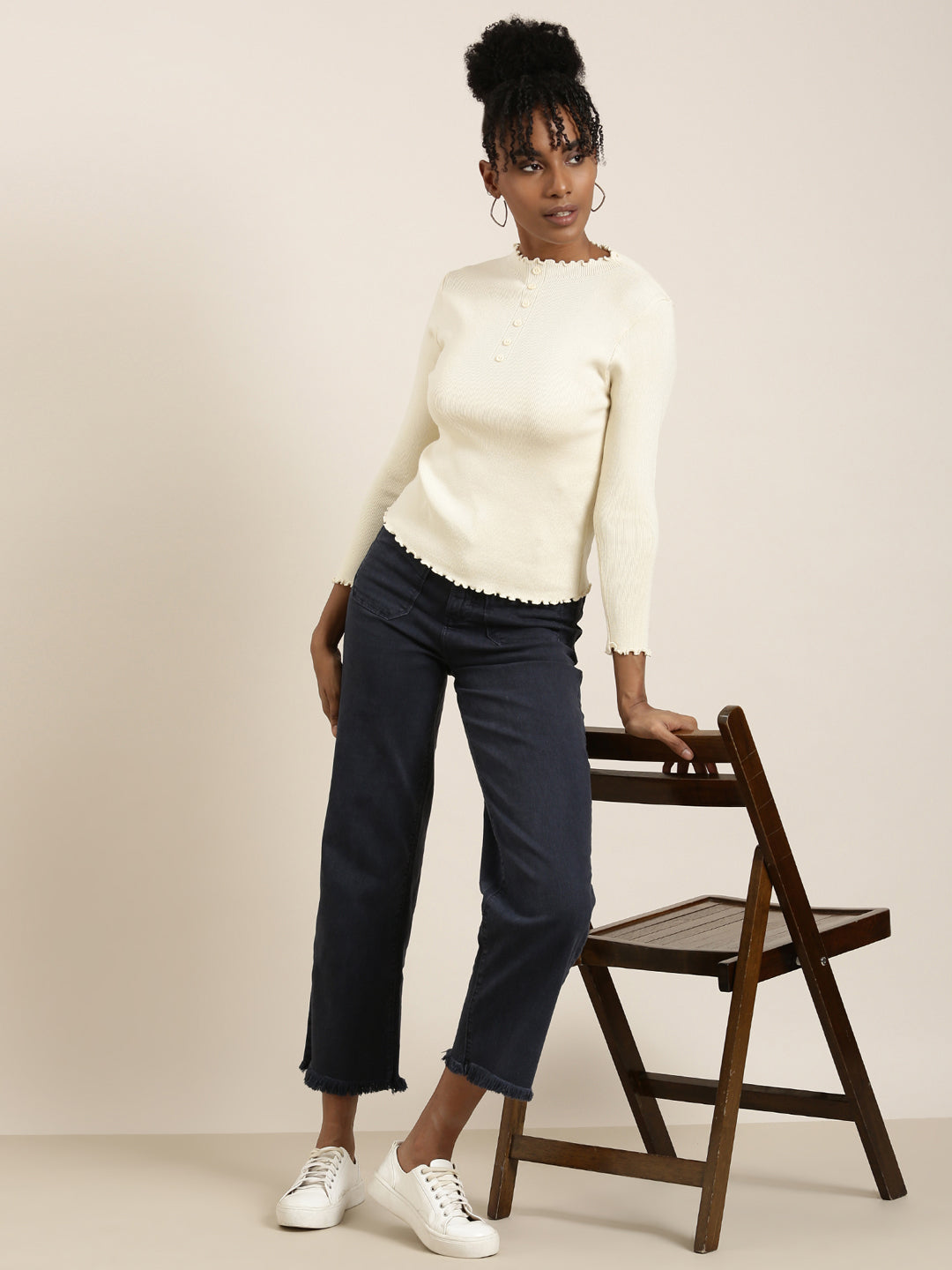 High Neck Solid Regular Sleeves Fitted Cream Top