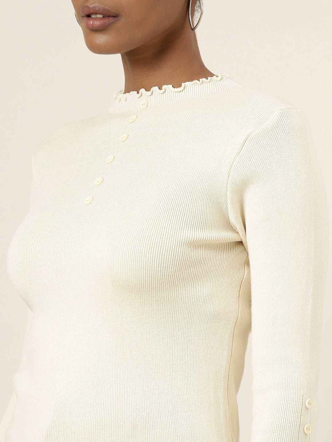 High Neck Solid Regular Sleeves Fitted Cream Top