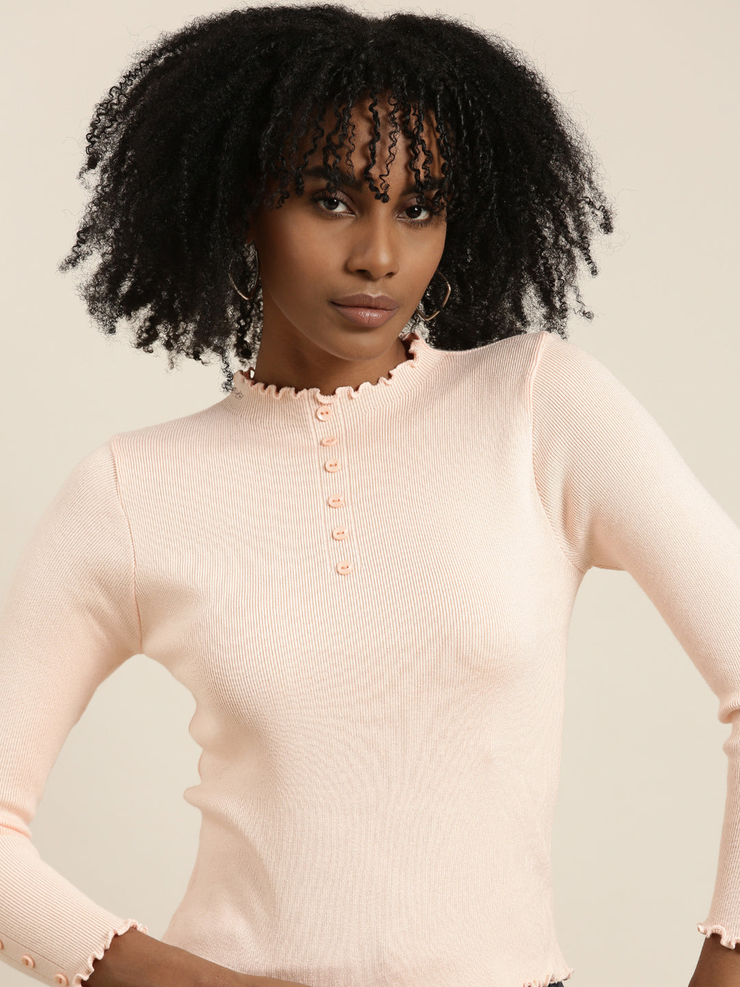 High Neck Solid Regular Sleeves Fitted Peach Top