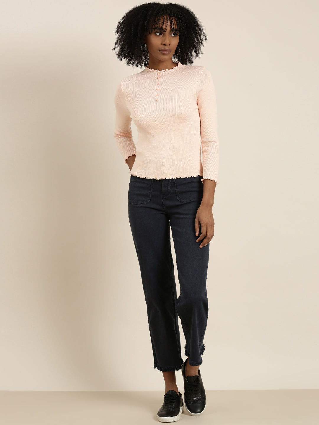 High Neck Solid Regular Sleeves Fitted Peach Top