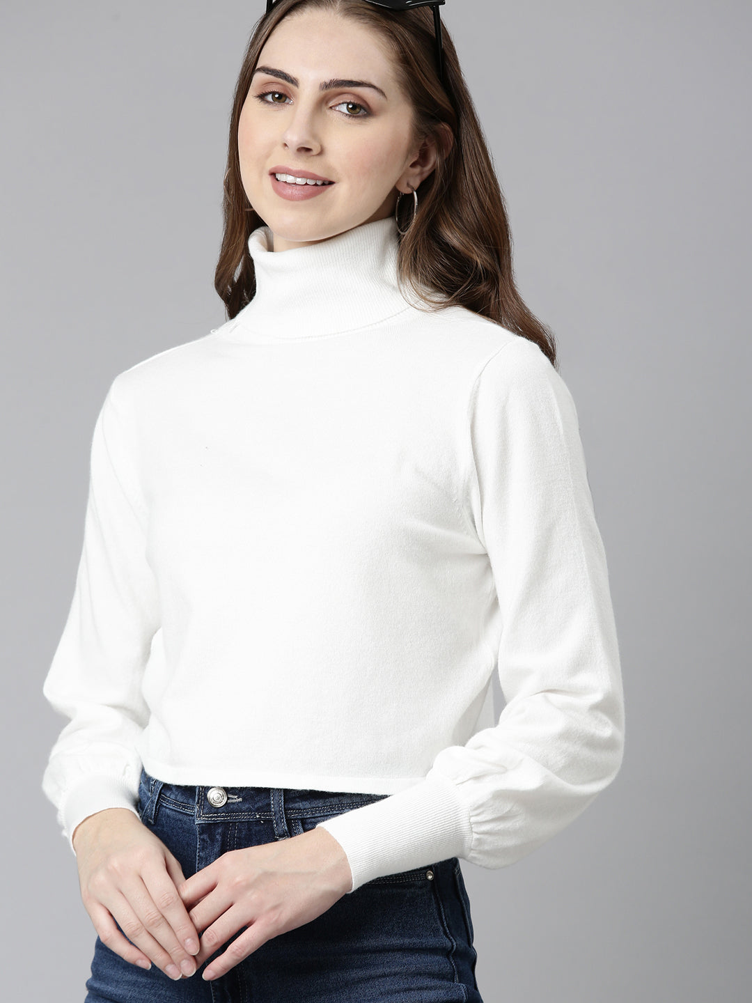 High Neck Solid Cuffed Sleeves White Crop Top