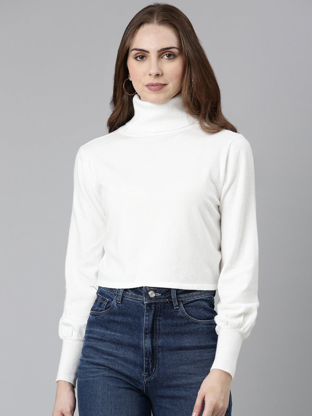High Neck Solid Cuffed Sleeves White Crop Top