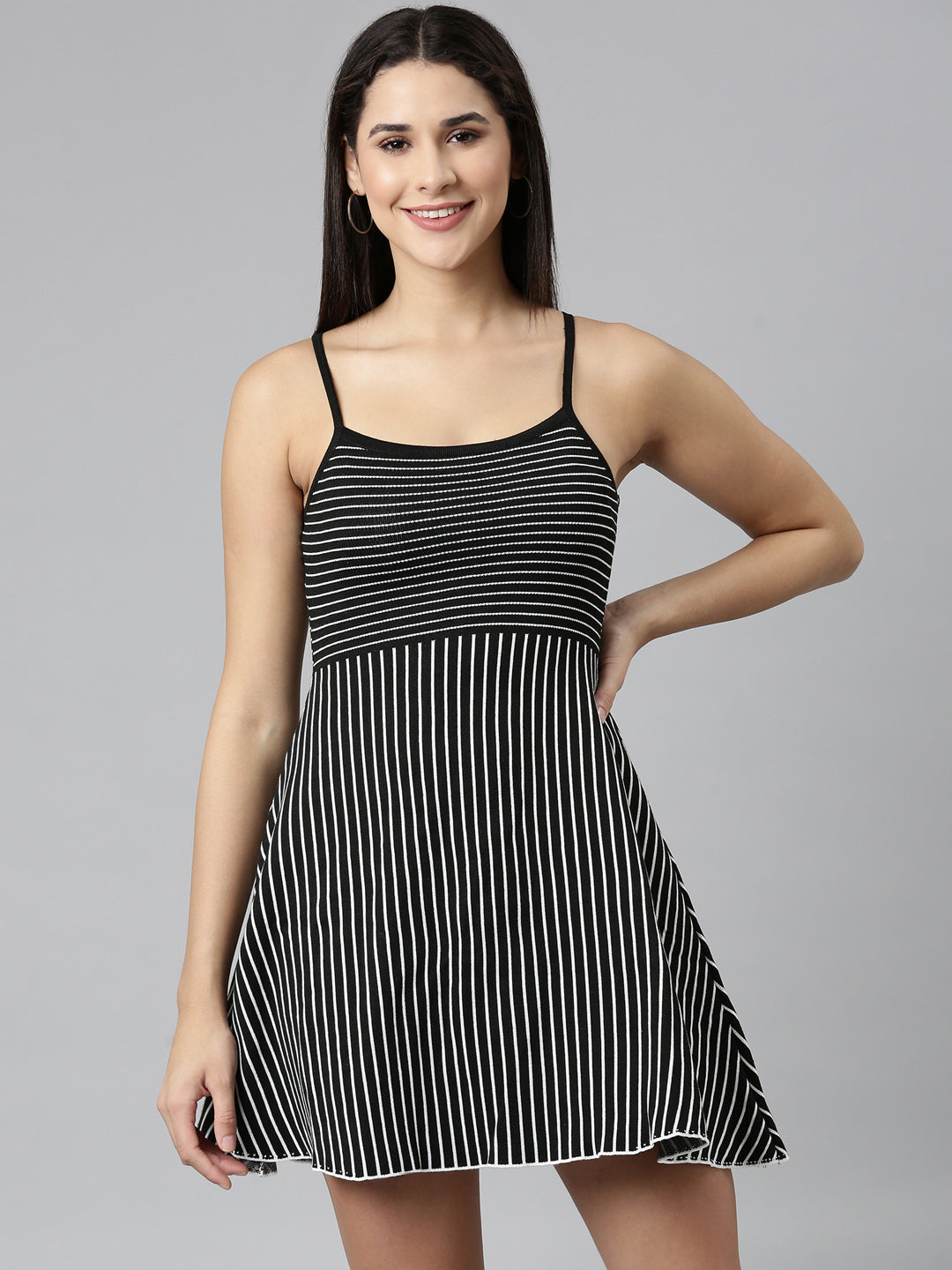Women Black Striped A-Line Dress