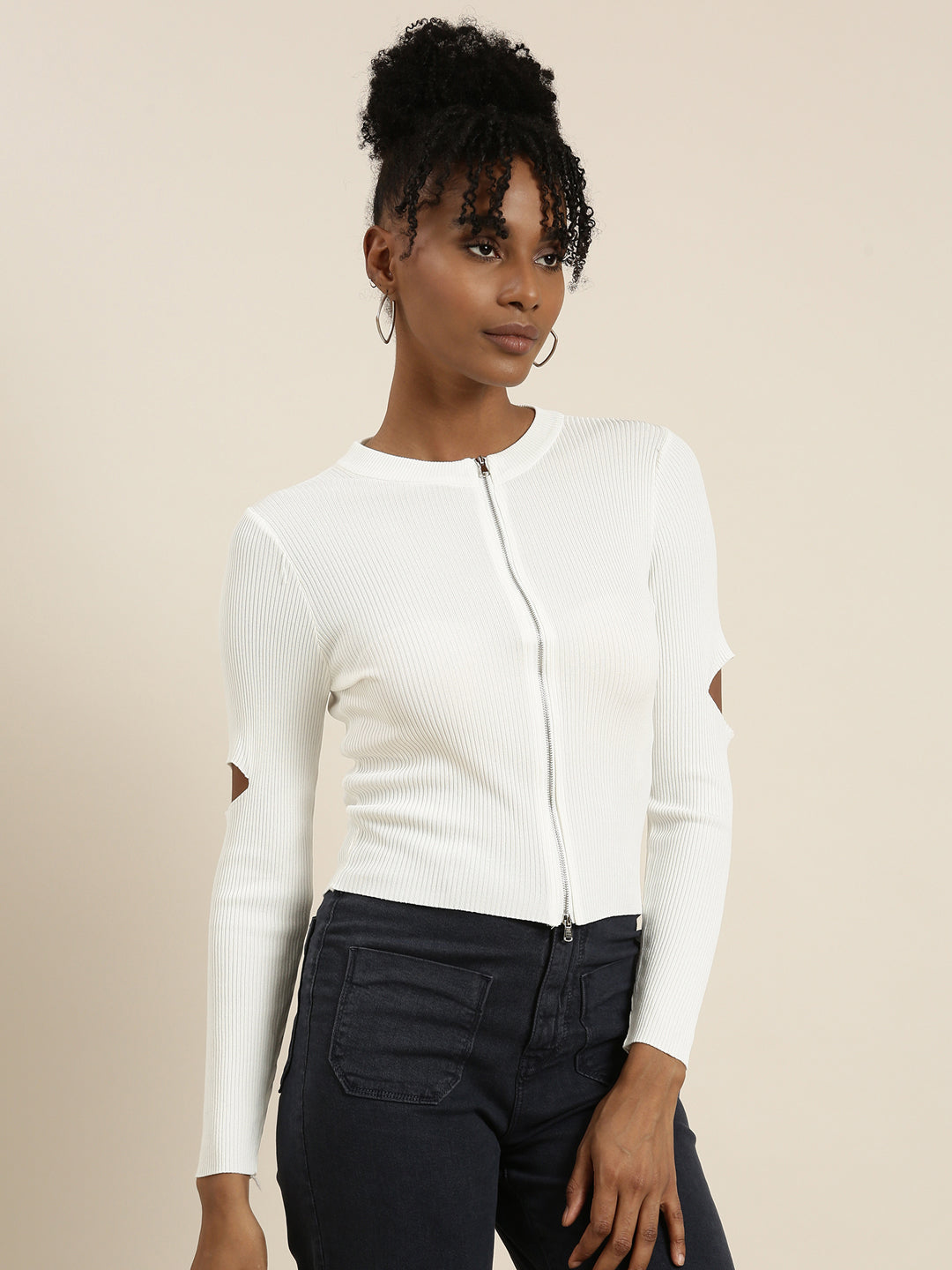 Round Neck Solid Regular White Top