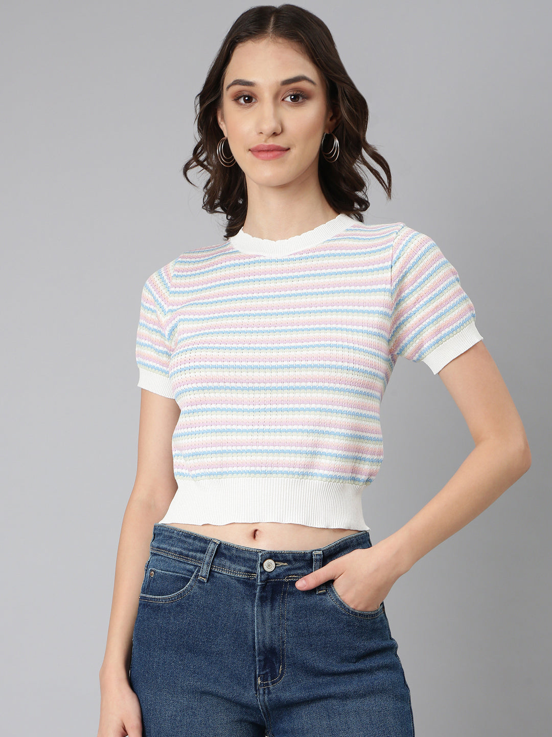 Women Pink Textured Fitted Crop Top