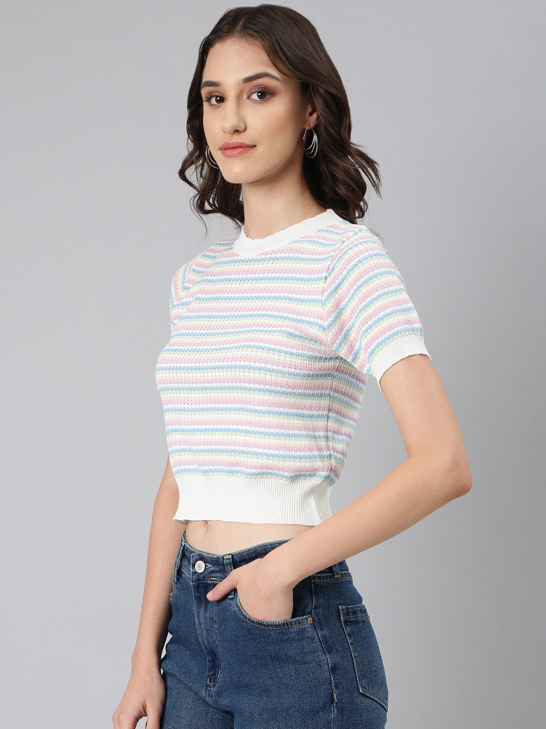 Women Pink Textured Fitted Crop Top