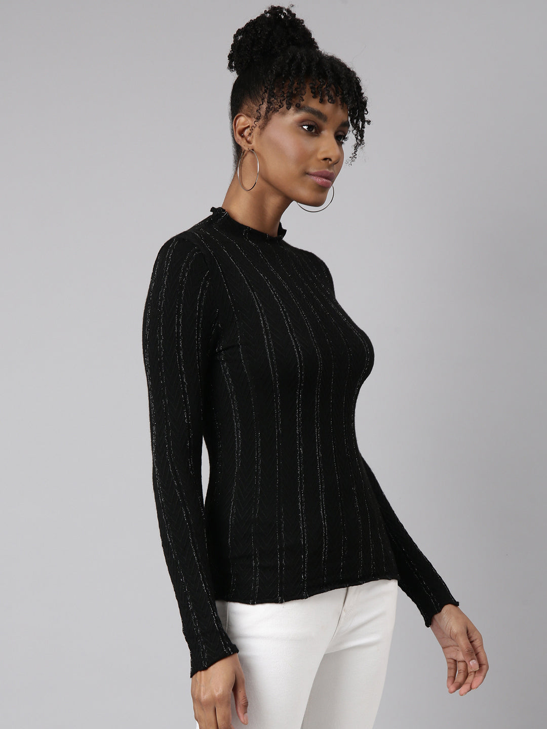 Women Black Vertical Stripes Fitted Top