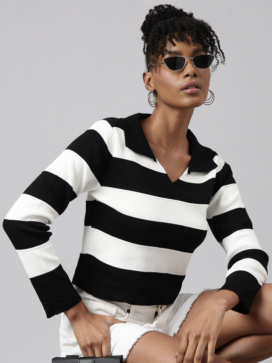 Women Black Horizontal Stripes Crop Top