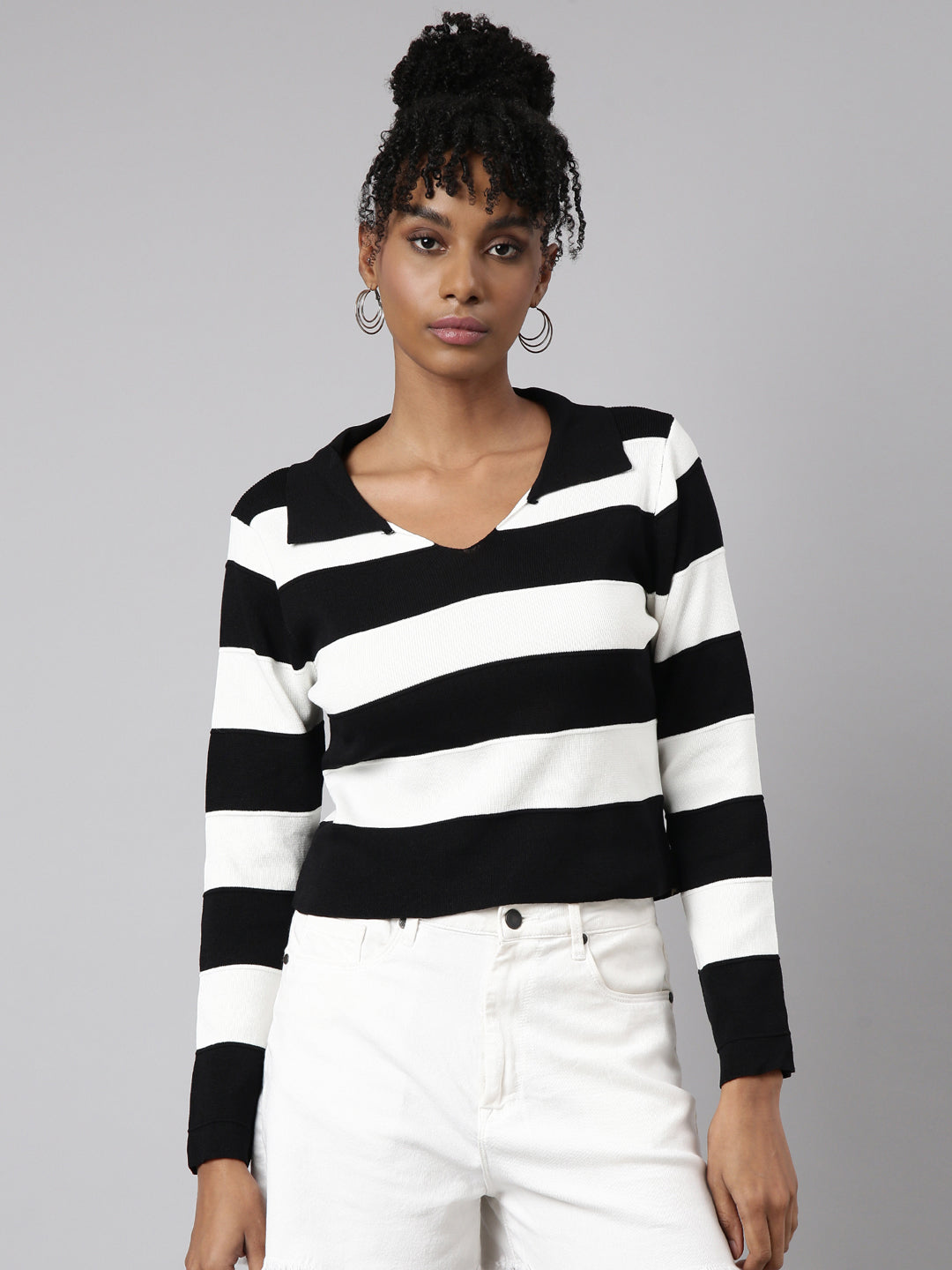 Women Black Horizontal Stripes Crop Top