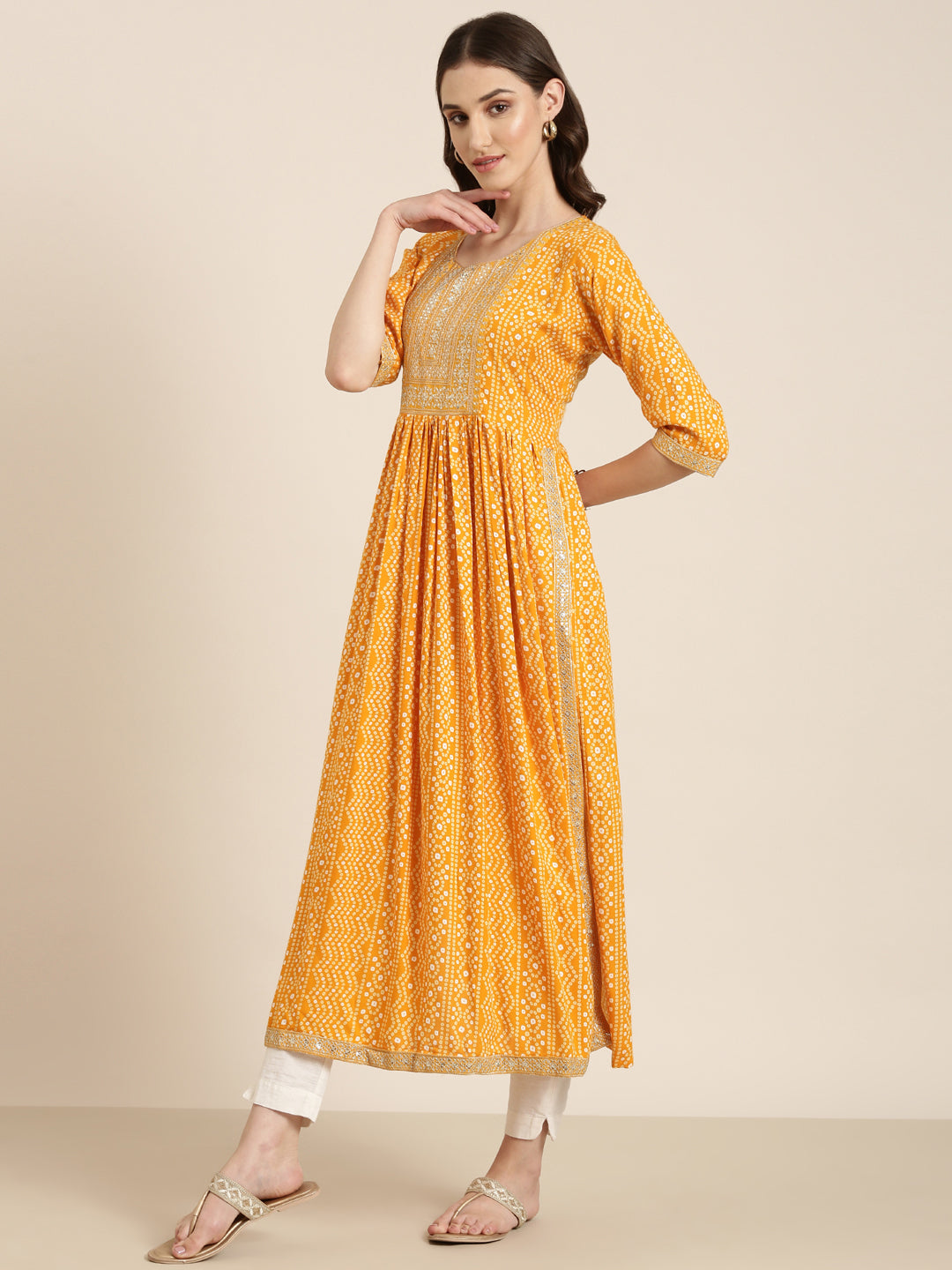 Women Mustard Printed Anarkali Kurta