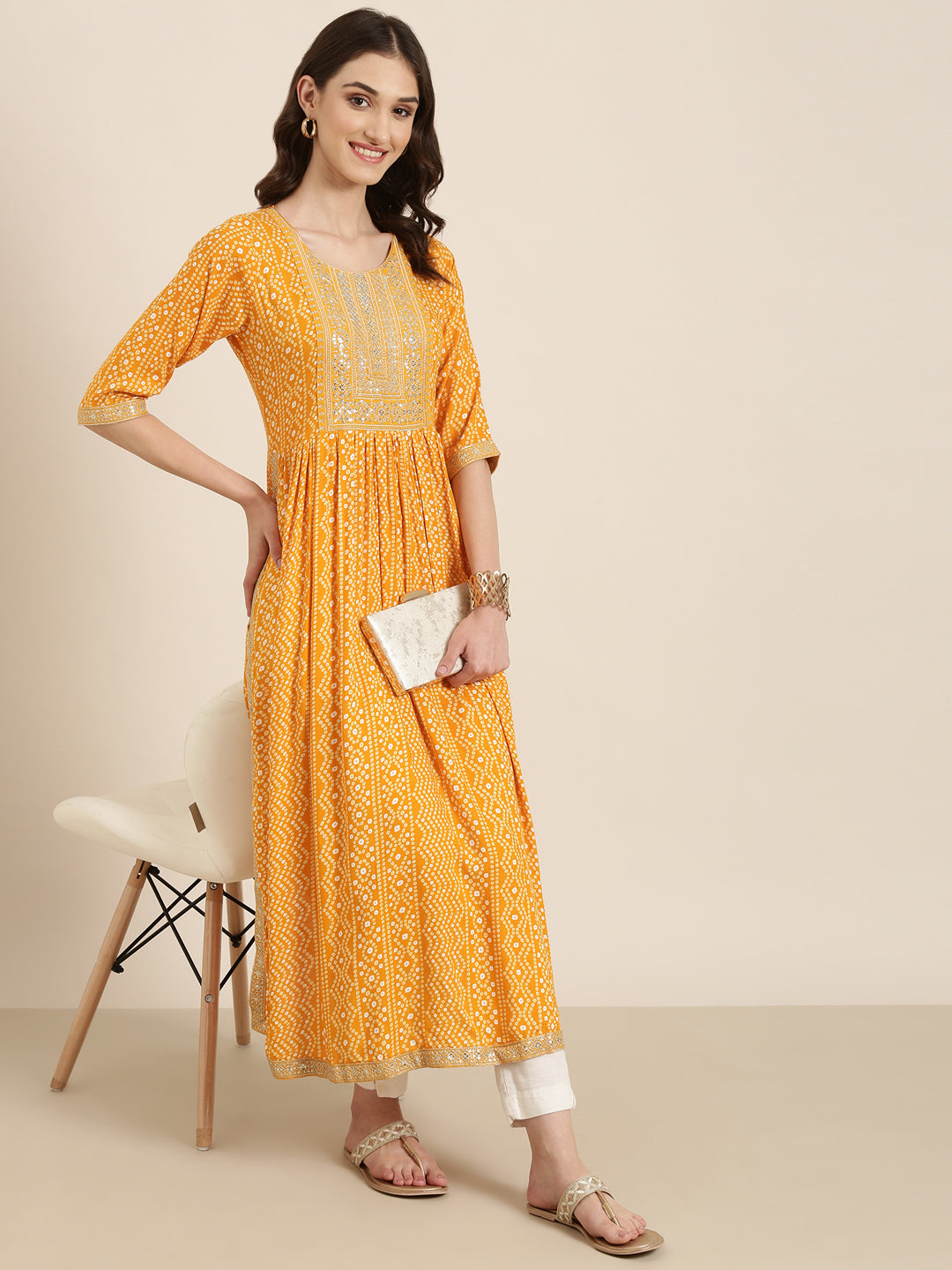 Women Mustard Printed Anarkali Kurta