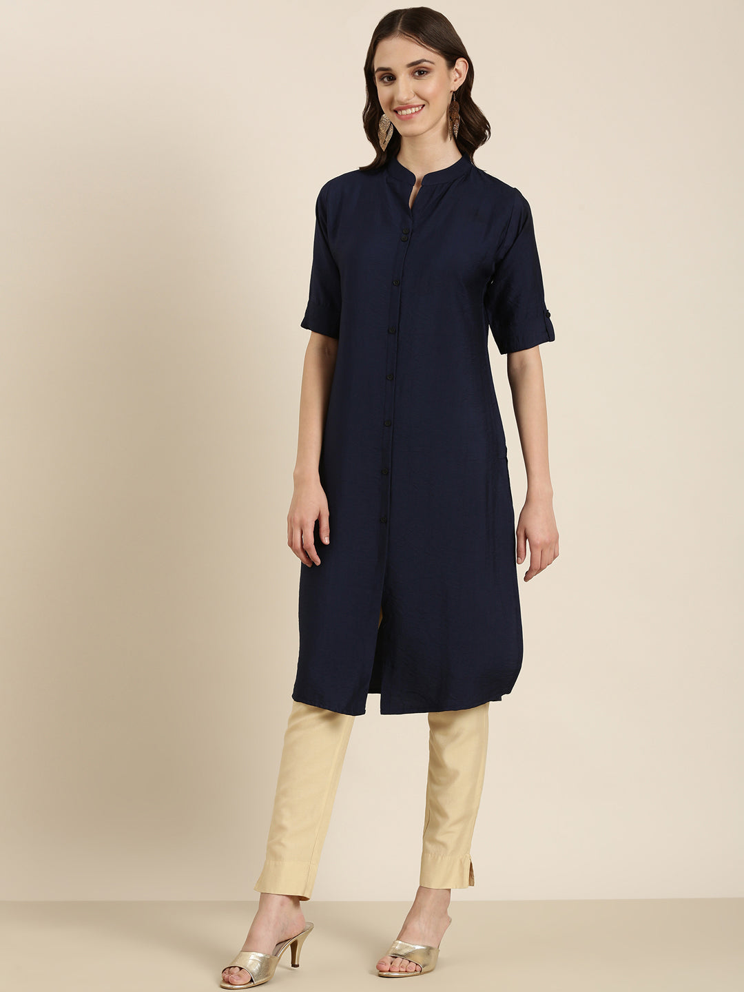 Women Navy Blue Solid Straight Kurta