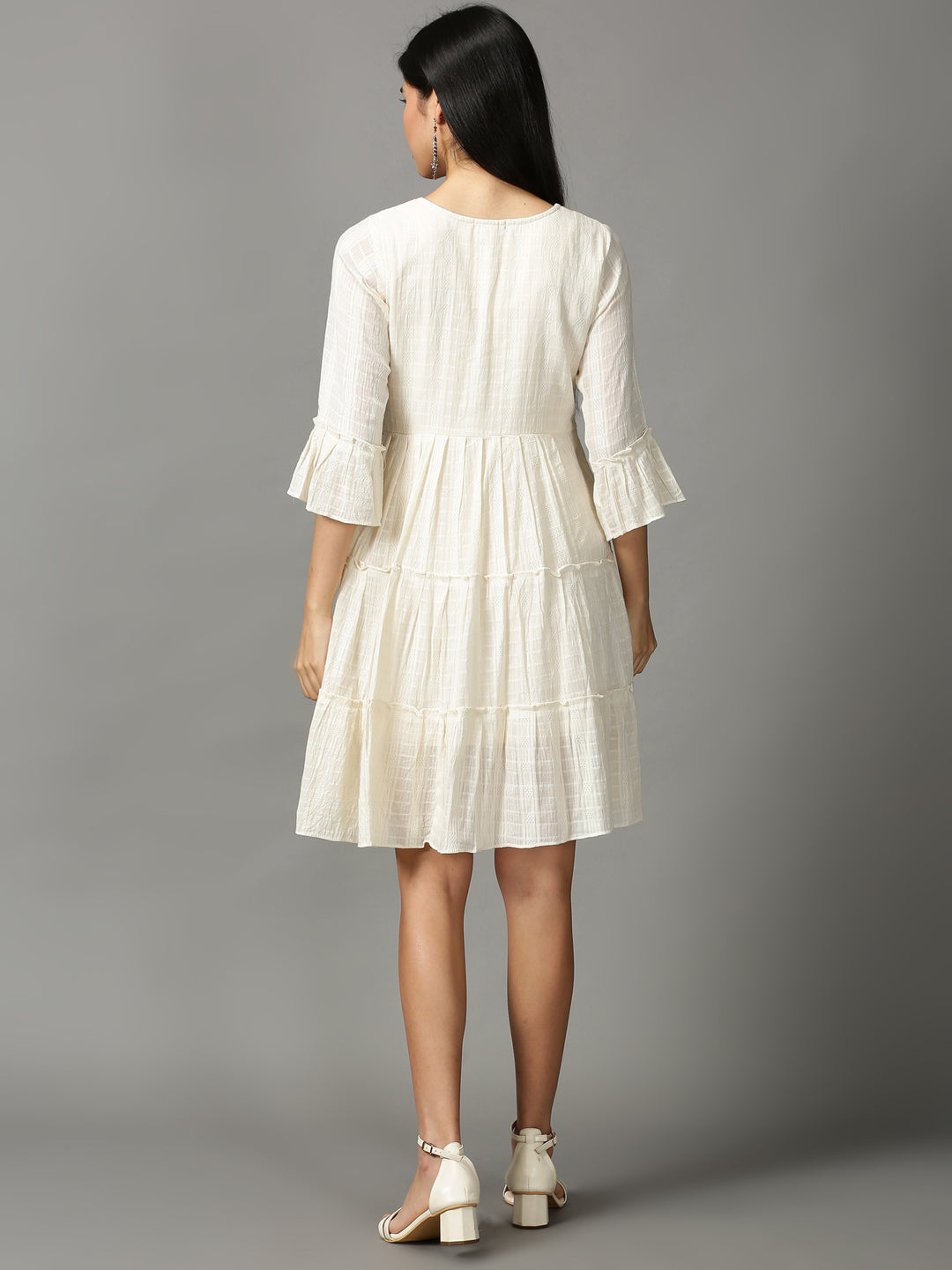 Women's Off White Solid Fit and Flare Dress