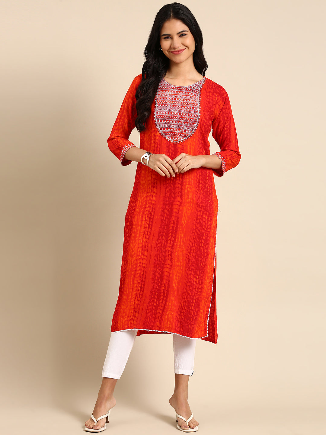 Women's Orange Printed Straight Kurta