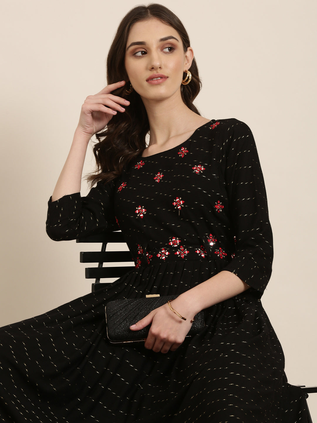 Women Black Embellished A-Line Kurta