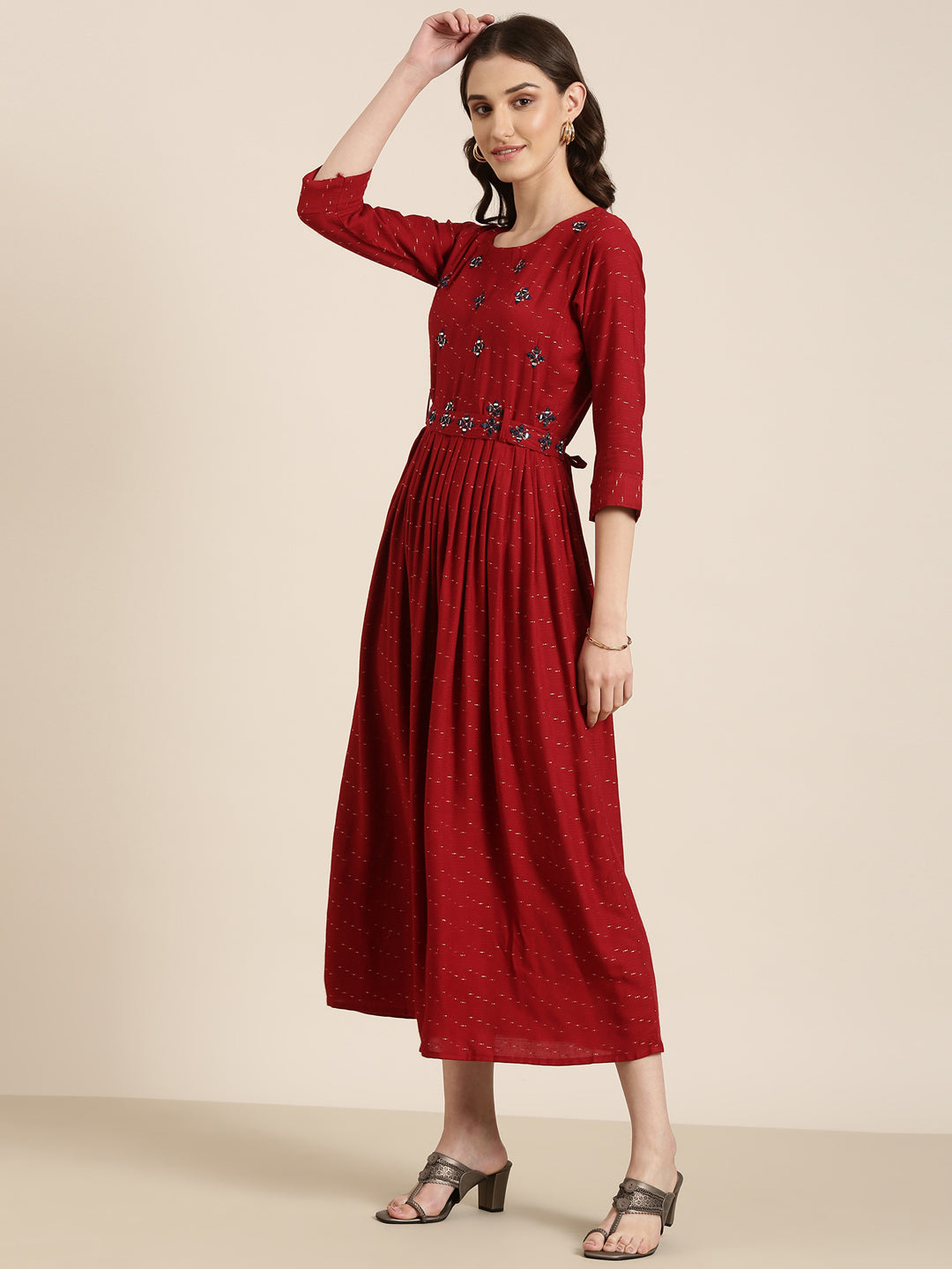 Women Maroon Embellished Fit and Flare Dress