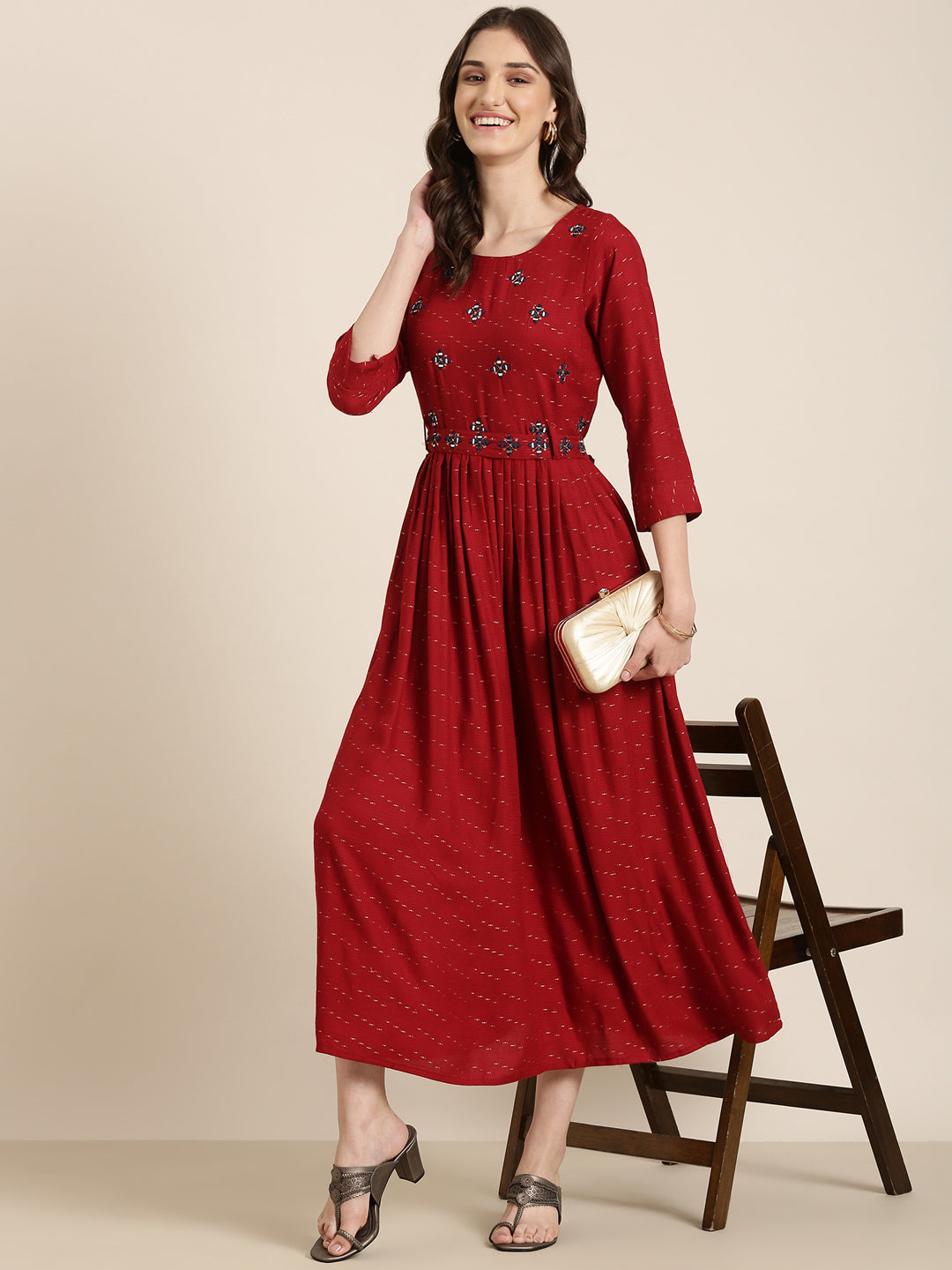 Women Maroon Embellished Fit and Flare Dress