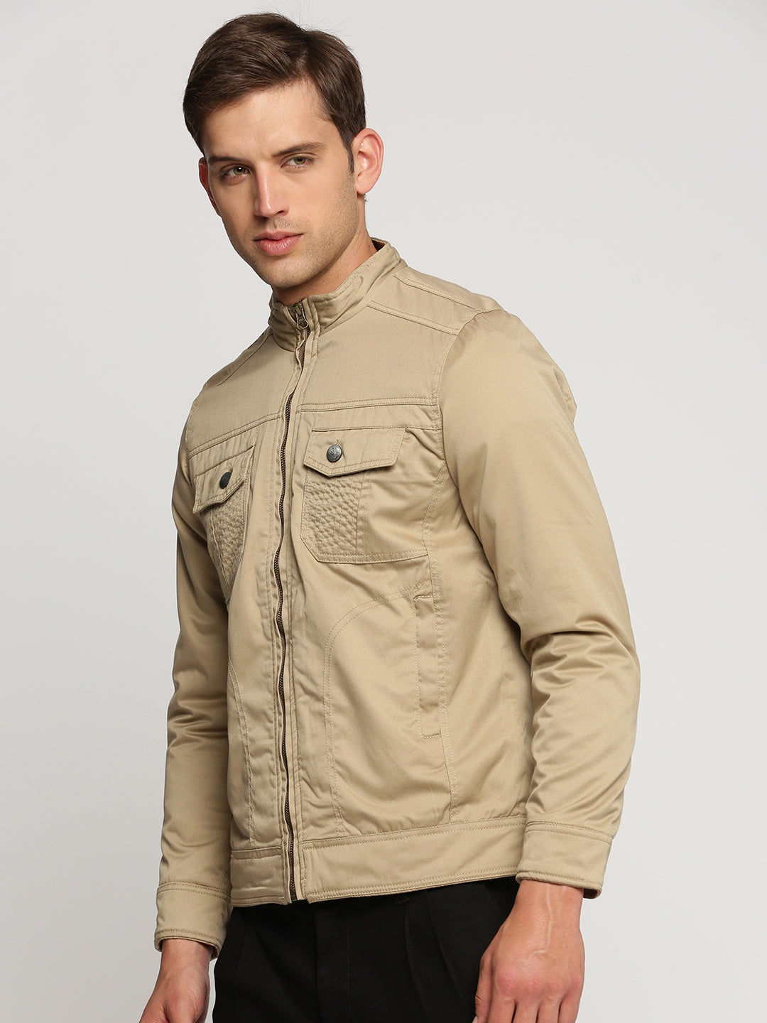 Men Beige Mock Collar Solid Tailored Jacket