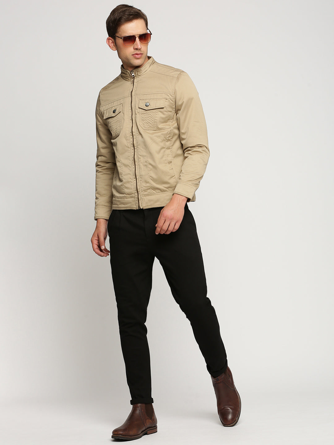 Men Beige Mock Collar Solid Tailored Jacket