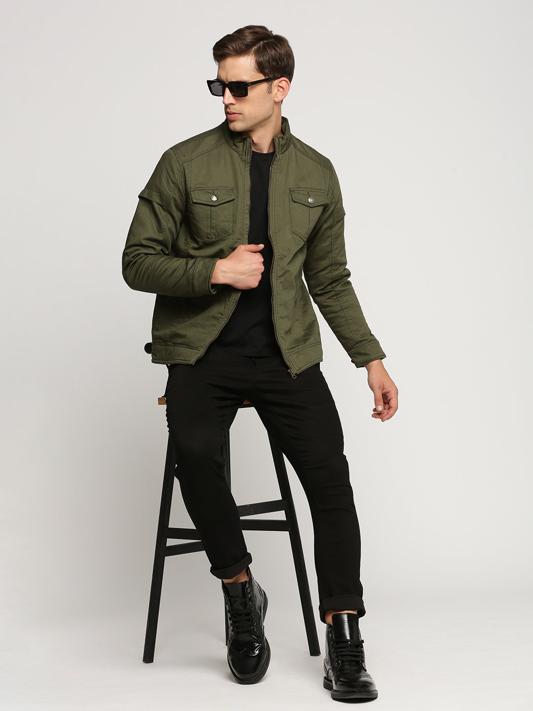 Men Olive Mock Collar Solid Tailored Jacket