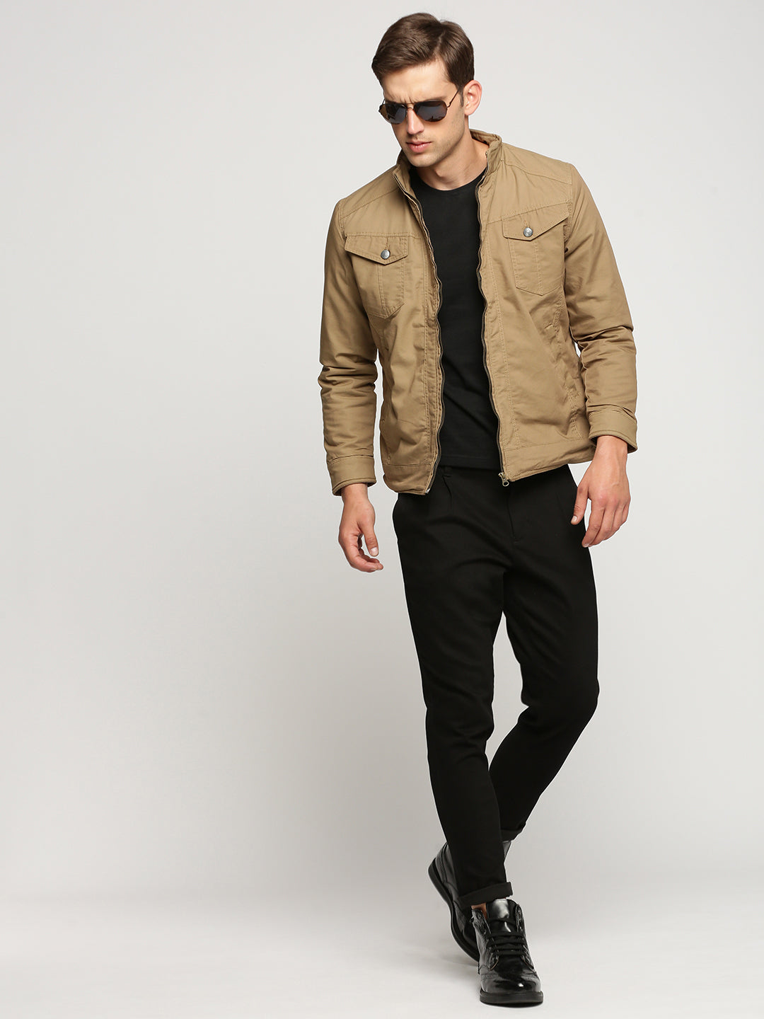 Men Brown Mock Collar Solid Tailored Jacket